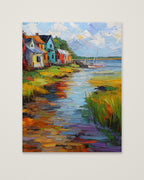 Colorful Coastal Village Painting as an unframed matte paper print