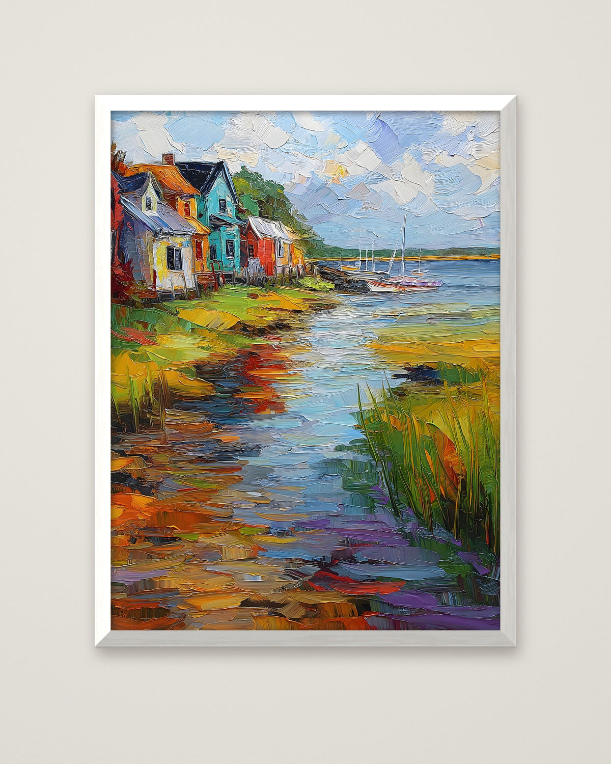Colorful Coastal Village Painting in a white frame