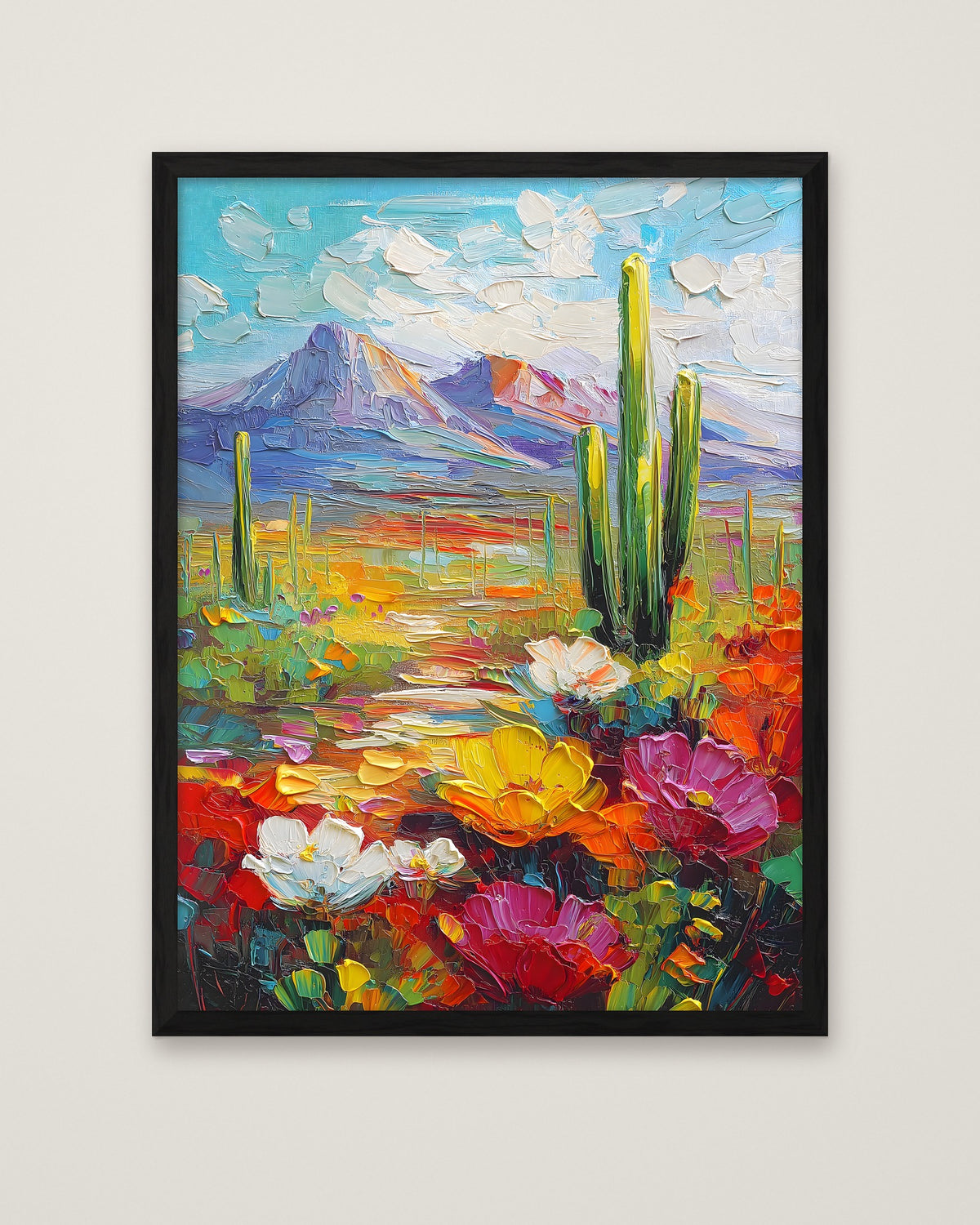 Colorful Desert Cactus Wildflower Art in a black frame