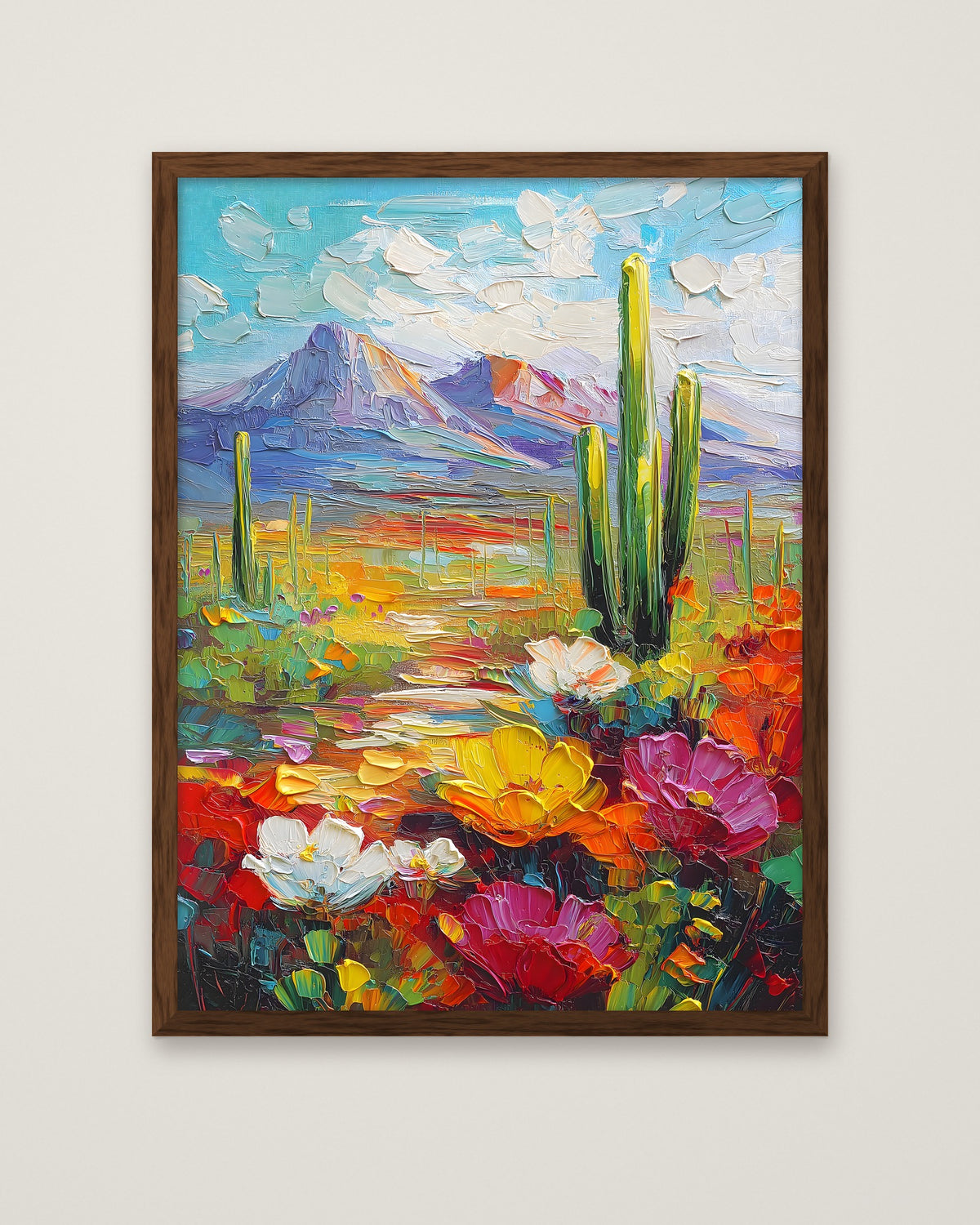 Colorful Desert Cactus Wildflower Art in a dark wood frame