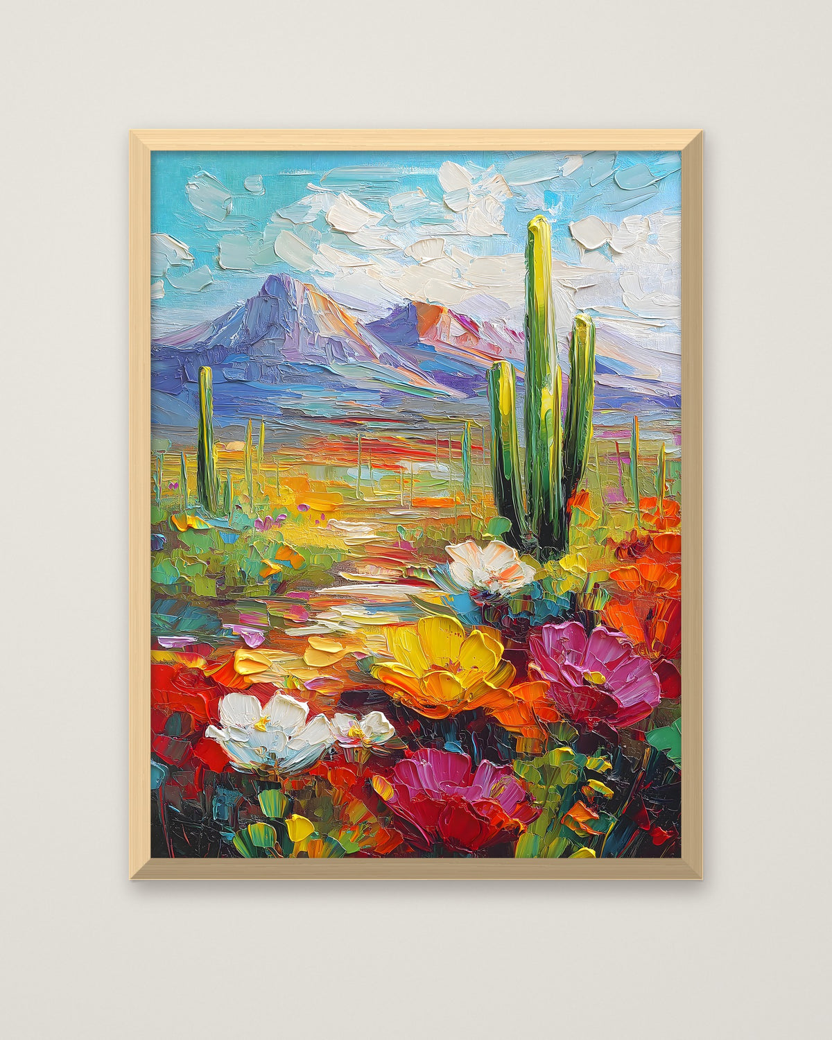 Colorful Desert Cactus Wildflower Art in a natural wood frame