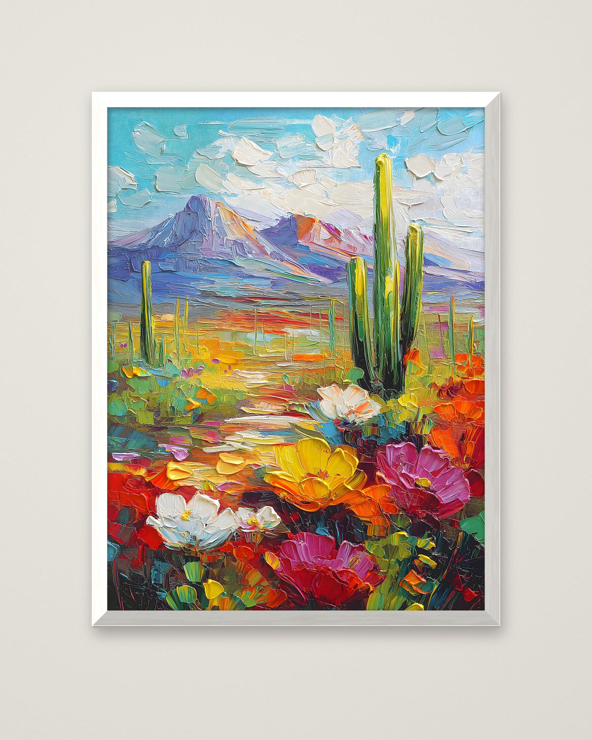 Colorful Desert Cactus Wildflower Art in a white frame