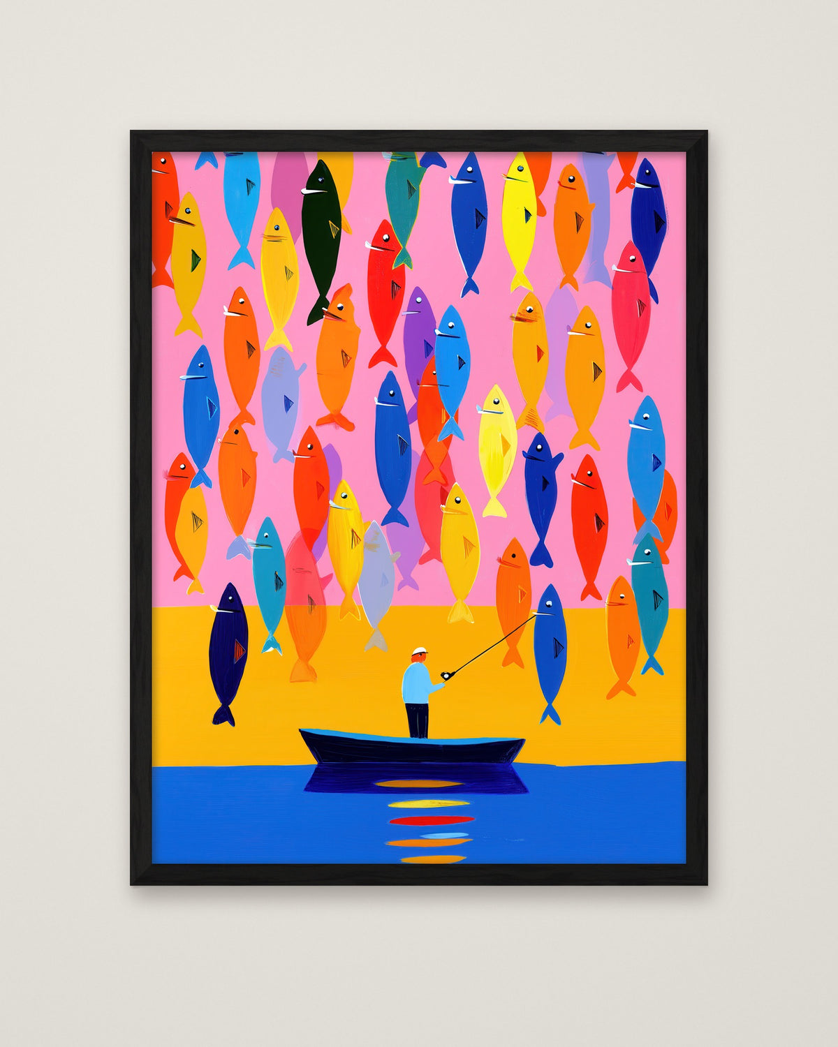 Colorful Fisherman Boat Art in a black frame