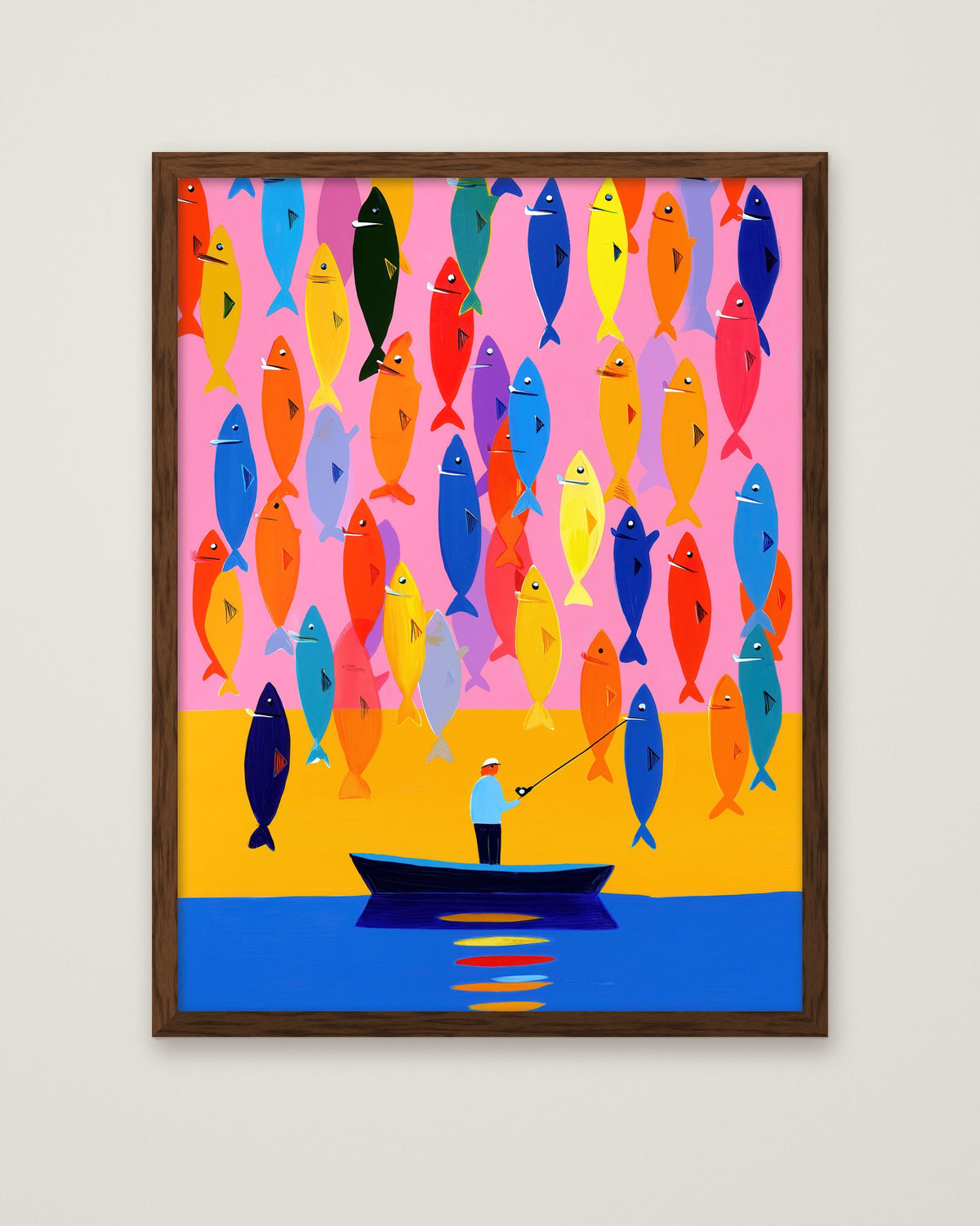 Colorful Fisherman Boat Art in a dark wood frame