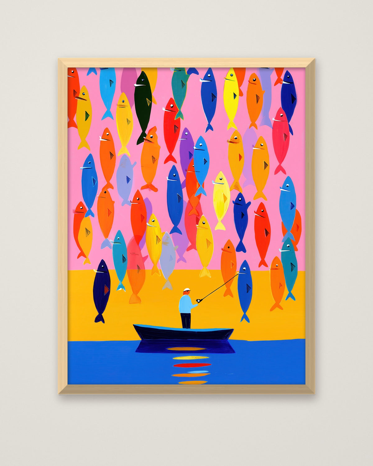 Colorful Fisherman Boat Art in a natural wood frame