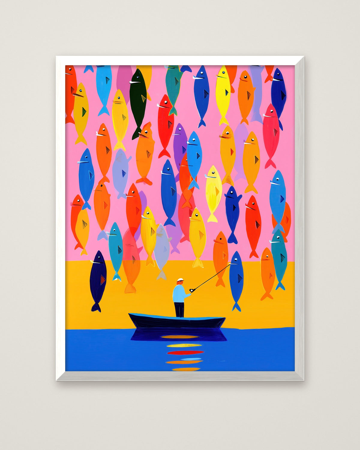Colorful Fisherman Boat Art in a white frame