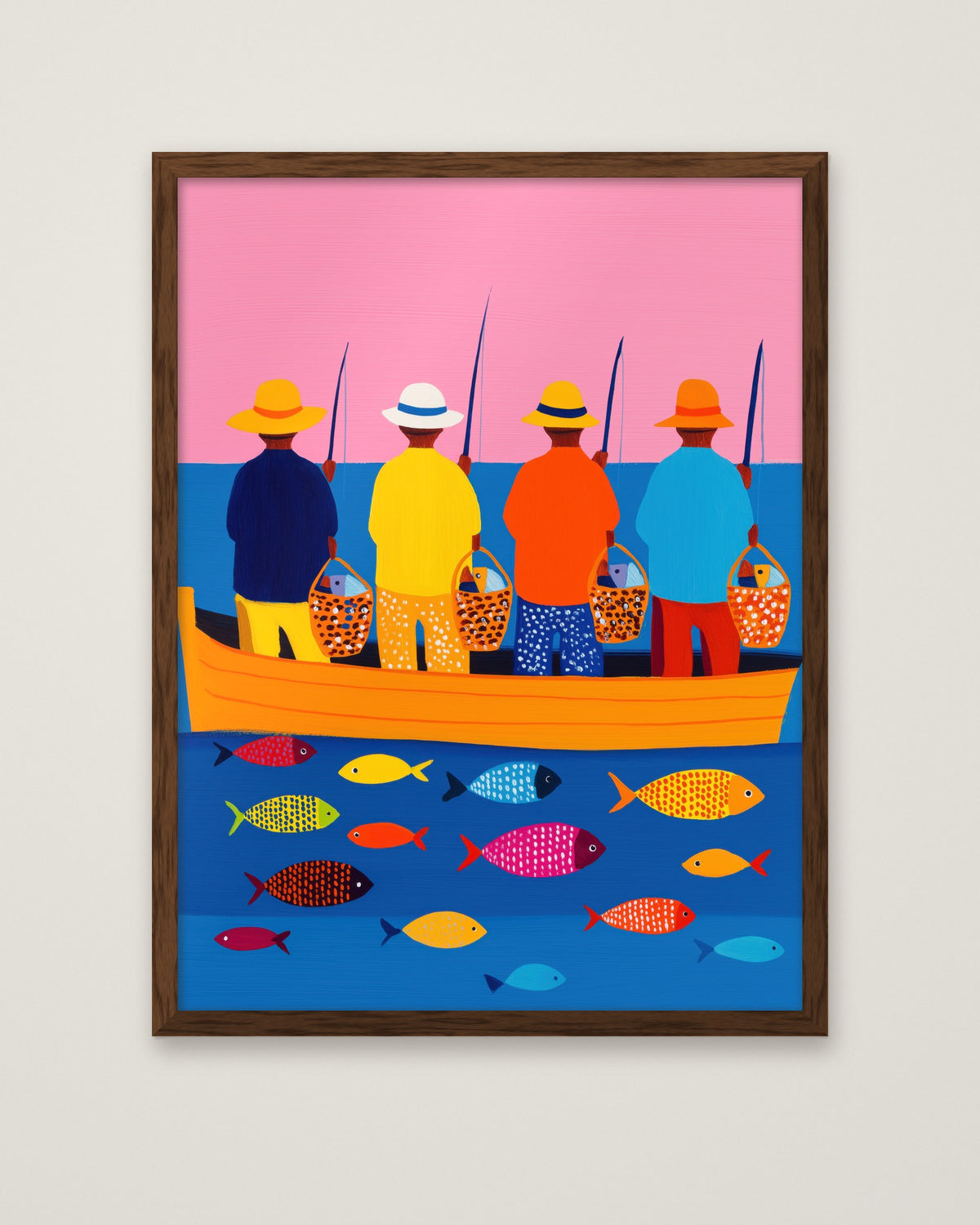Colorful Fishermen Boat Art in a dark wood frame