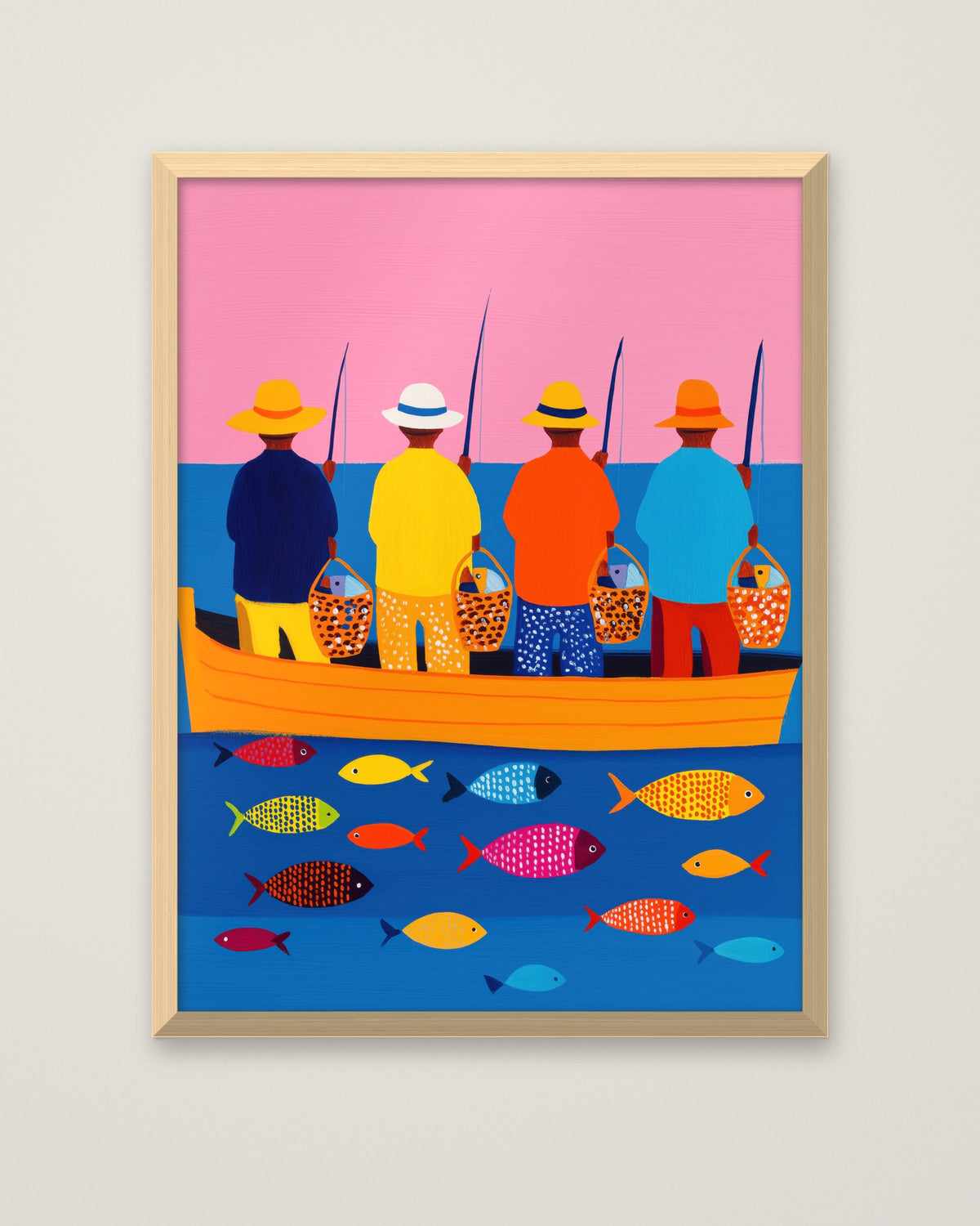 Colorful Fishermen Boat Art in a natural wood frame