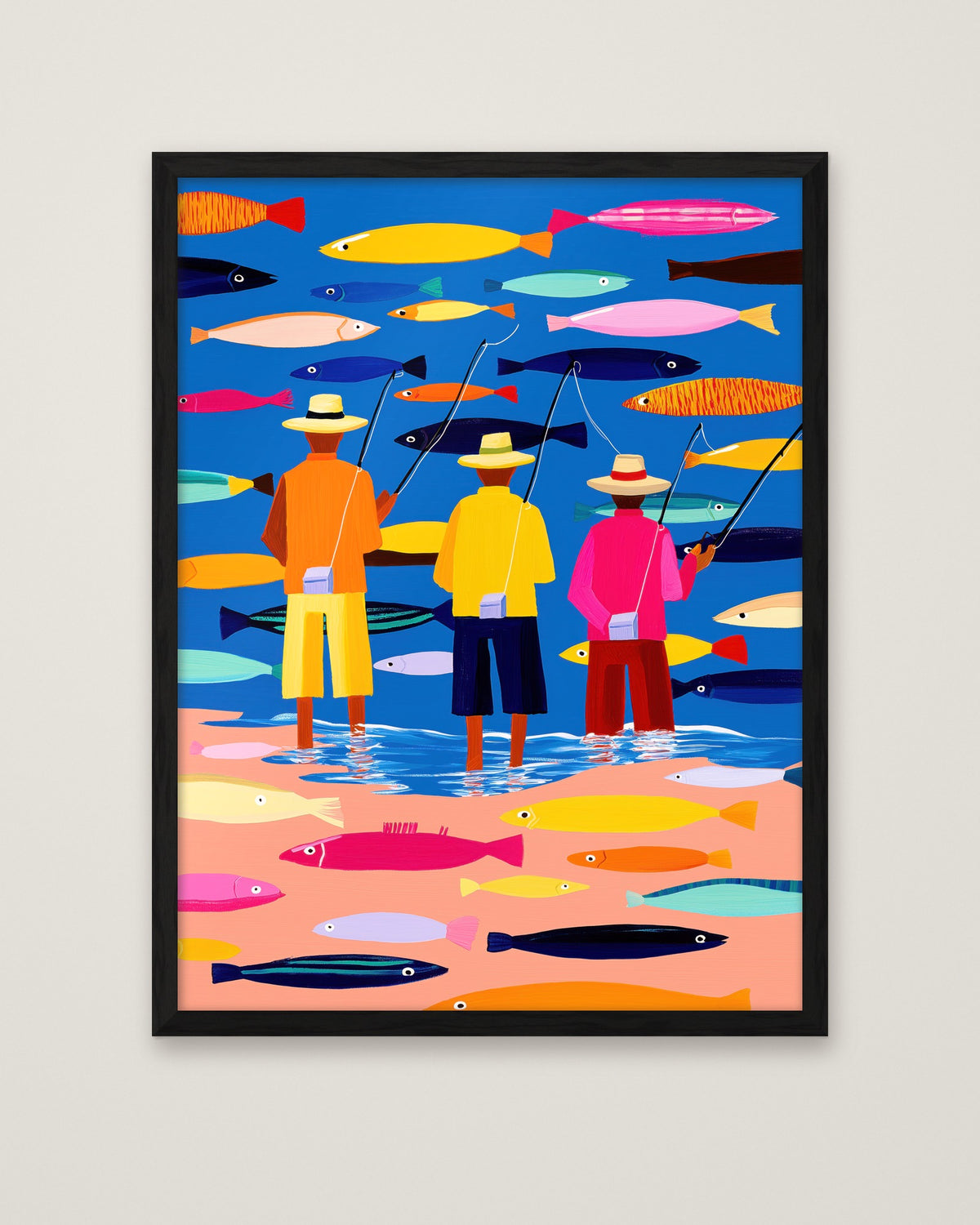 Colorful Fishermen Folk Art in a black frame