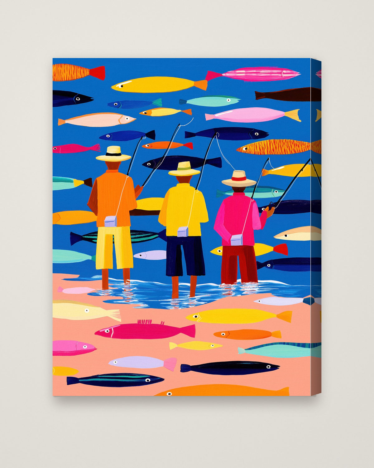 Colorful Fishermen Folk Art as a stretched canvas