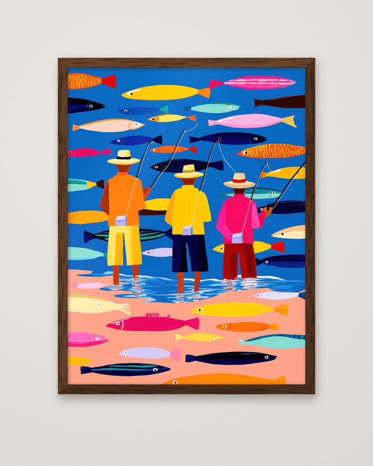Colorful Fishermen Folk Art in a dark wood frame