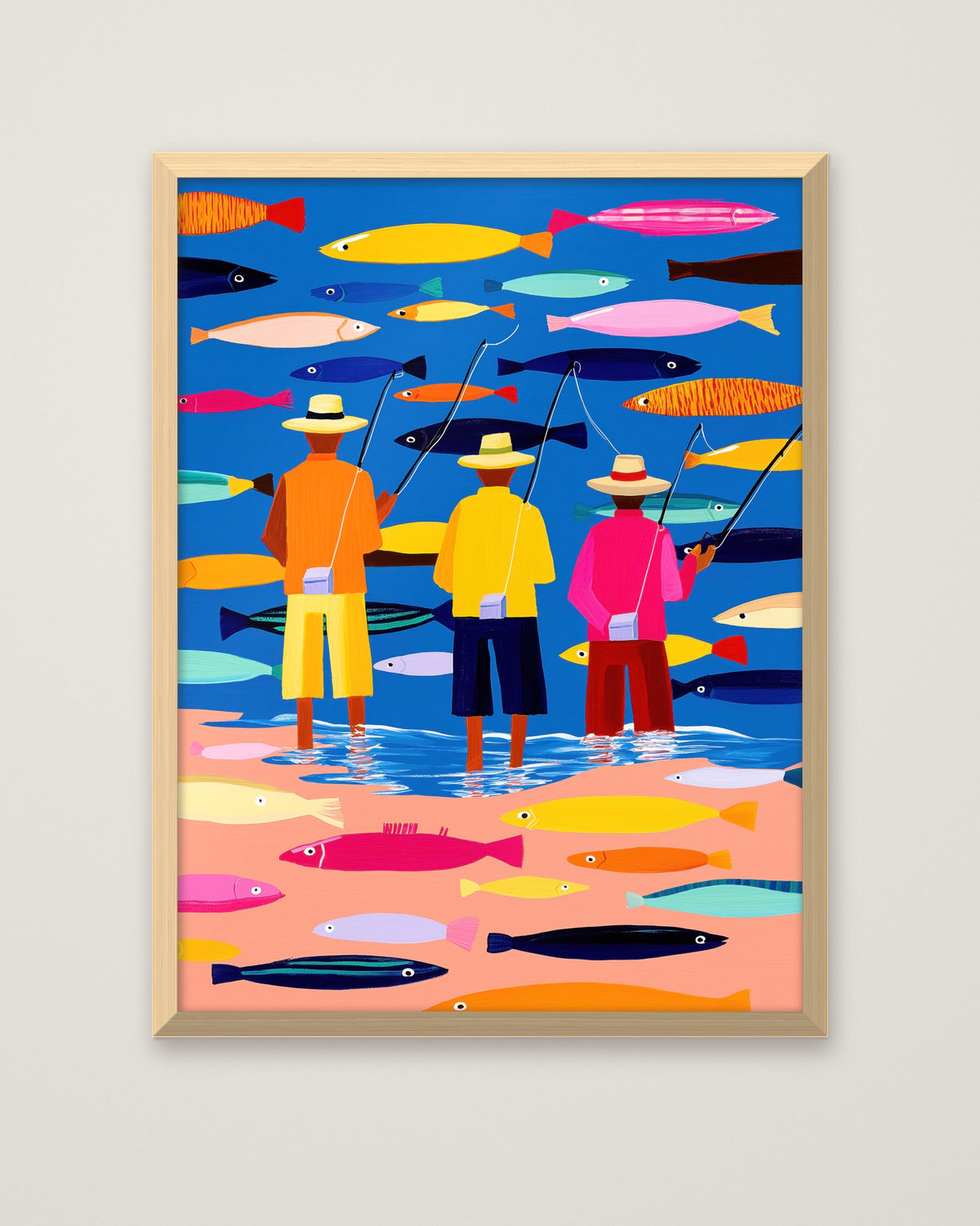 Colorful Fishermen Folk Art in a natural wood frame