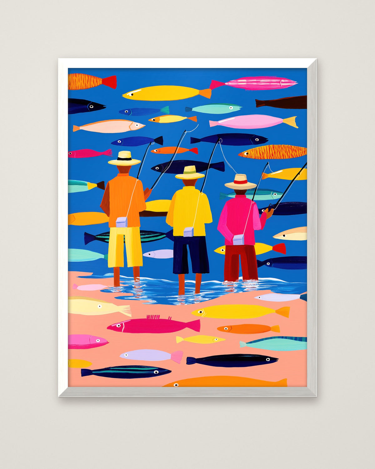 Colorful Fishermen Folk Art in a white frame