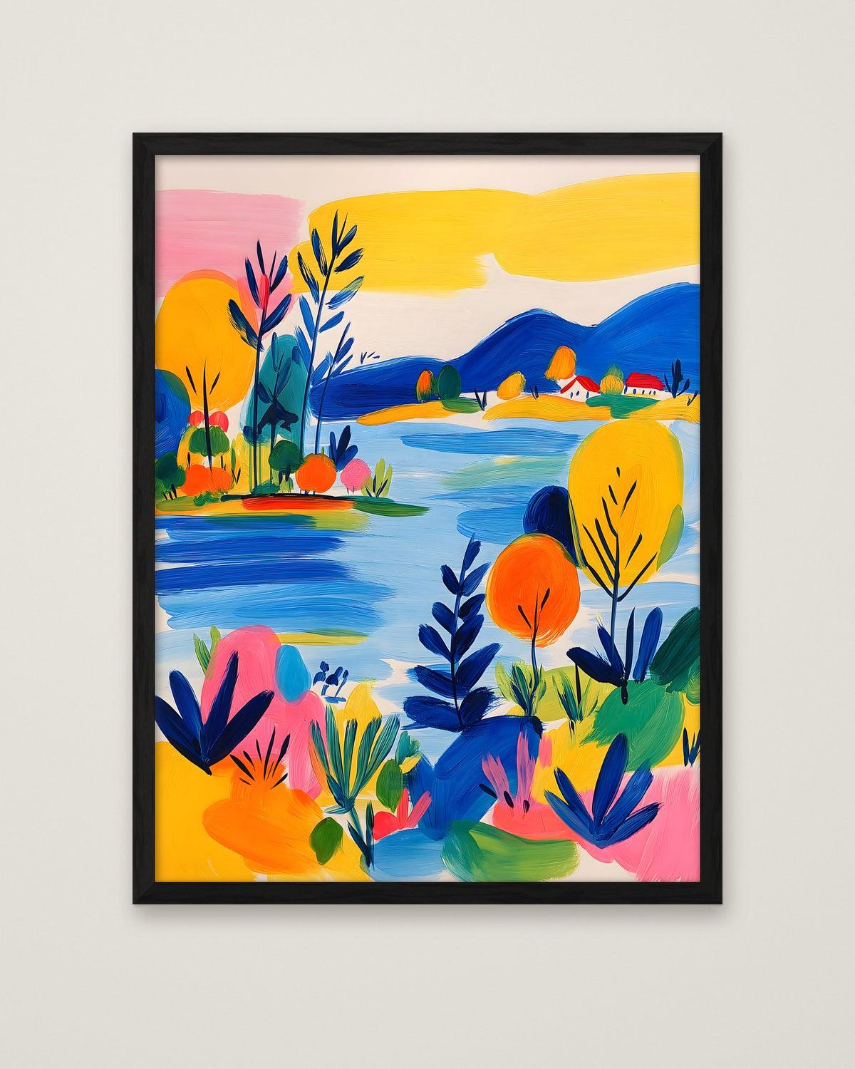 Colorful Folk Art Landscape in a black frame