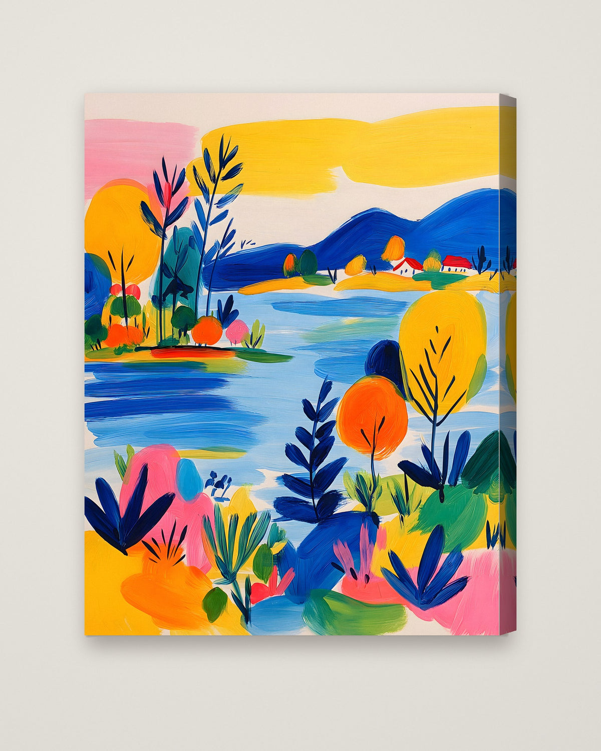 Colorful Folk Art Landscape as a stretched canvas
