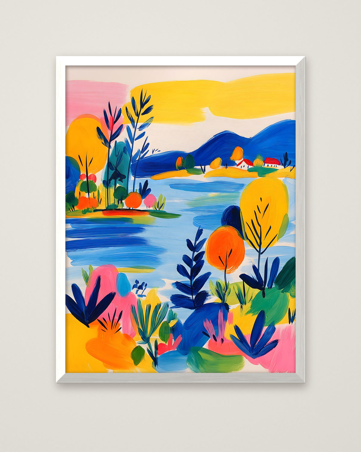 Colorful Folk Art Landscape in a white frame