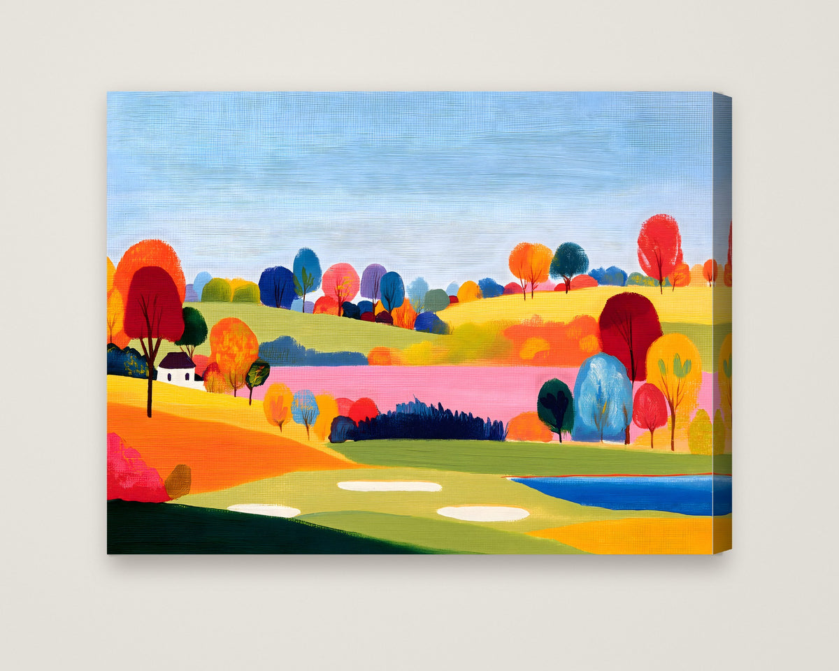 Colorful Folk Art Landscape as a stretched canvas