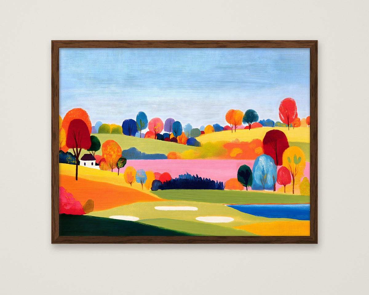 Colorful Folk Art Landscape in a dark wood frame
