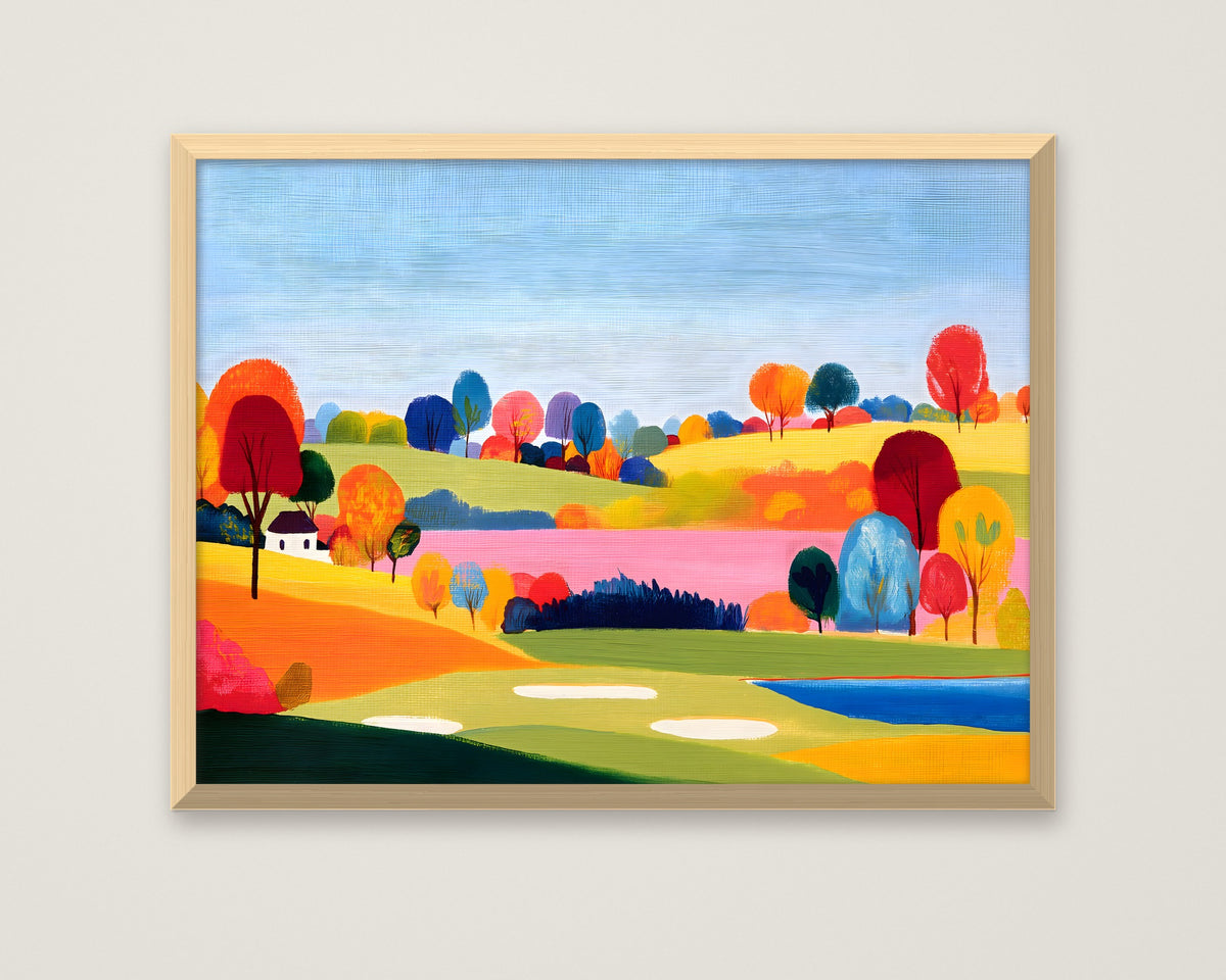 Colorful Folk Art Landscape in a natural wood frame