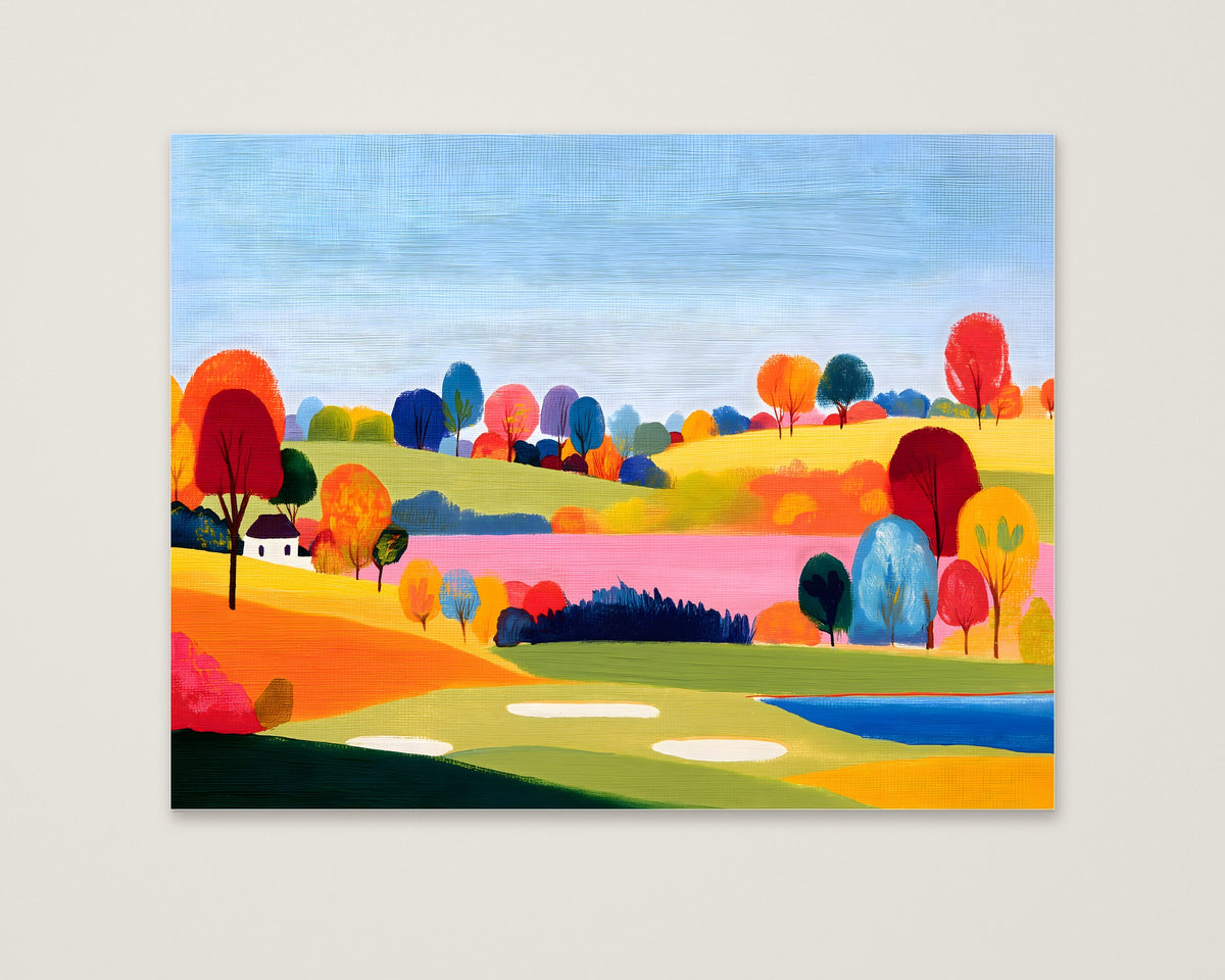 Colorful Folk Art Landscape as an unframed matte paper print