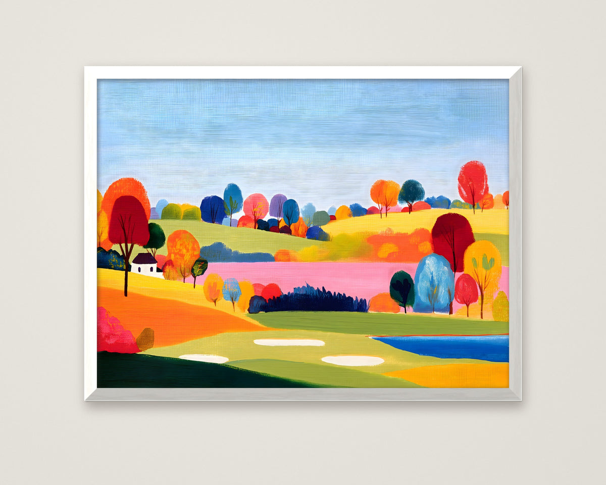 Colorful Folk Art Landscape in a white frame