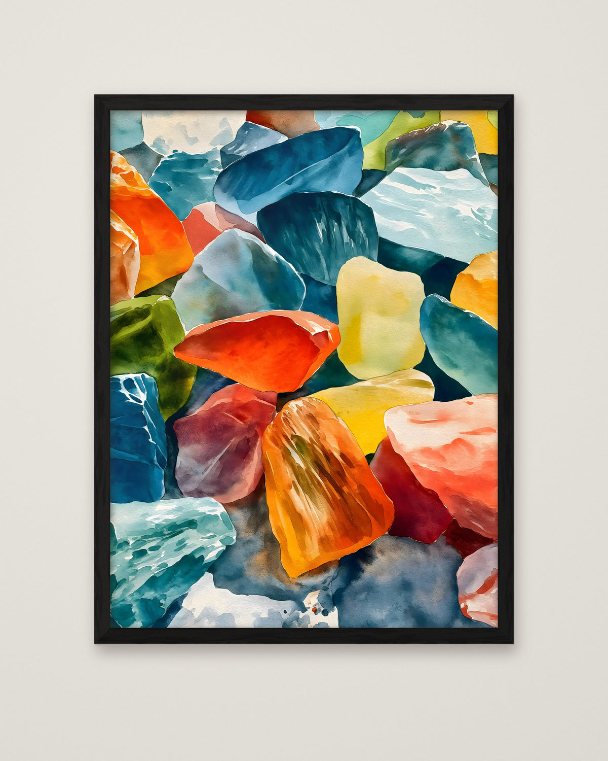 Colorful Gemstone Watercolor Art in a black frame
