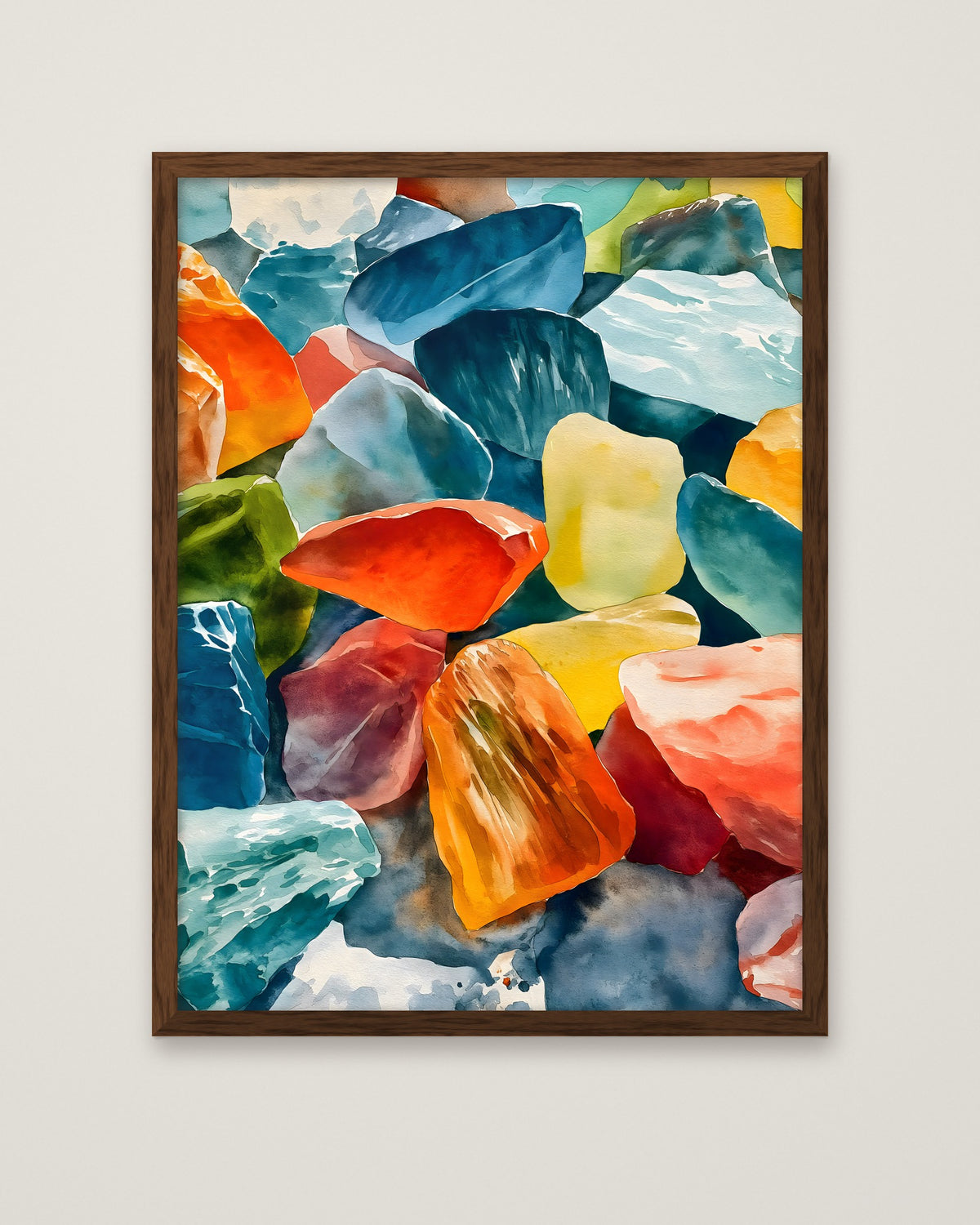 Colorful Gemstone Watercolor Art in a dark wood frame