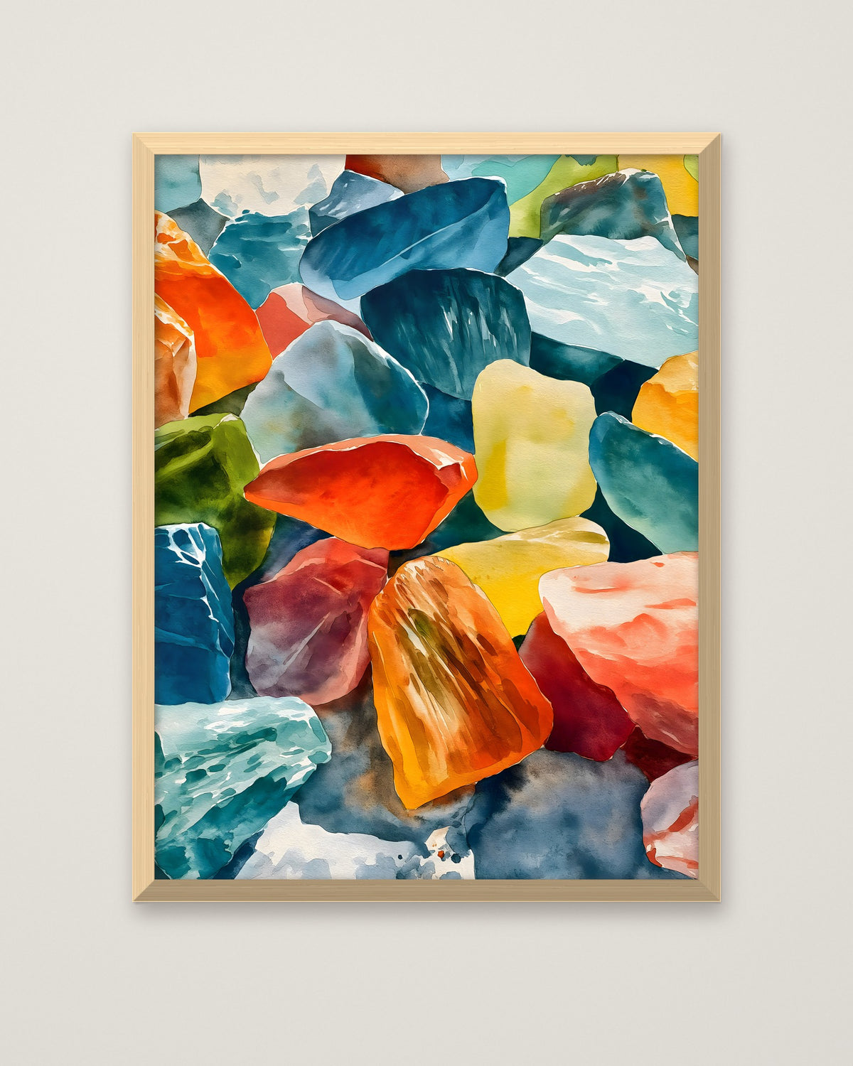 Colorful Gemstone Watercolor Art in a natural wood frame