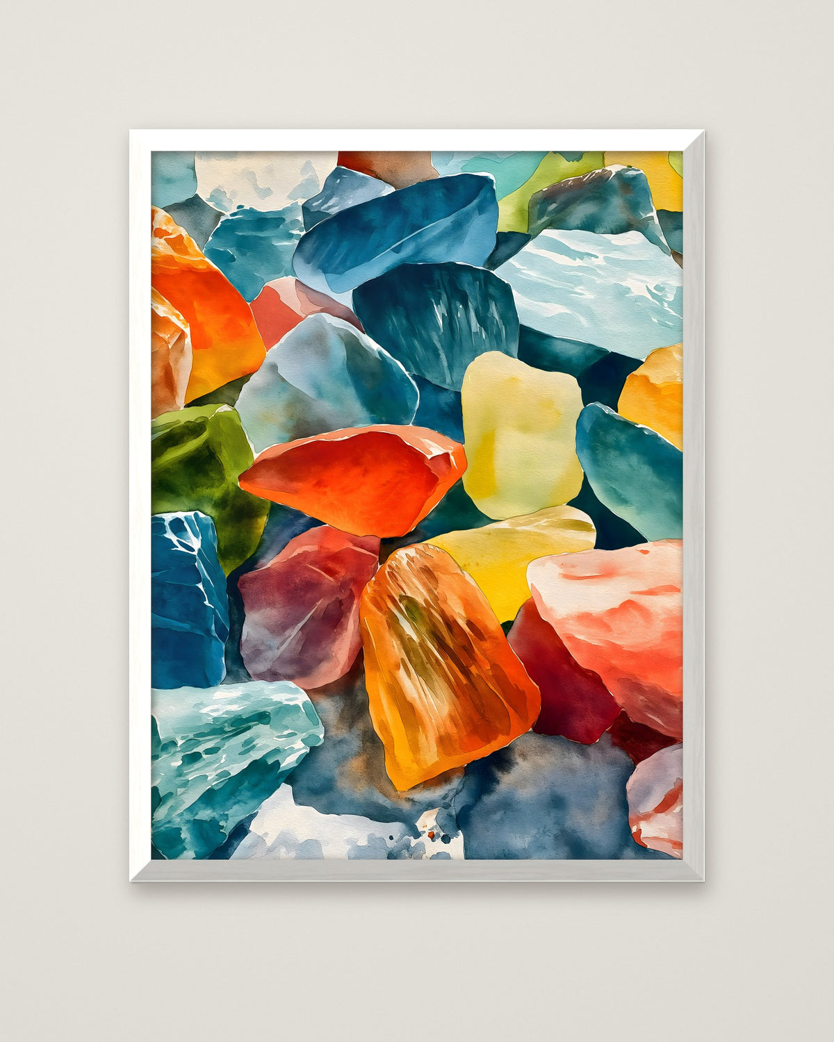 Colorful Gemstone Watercolor Art in a white frame