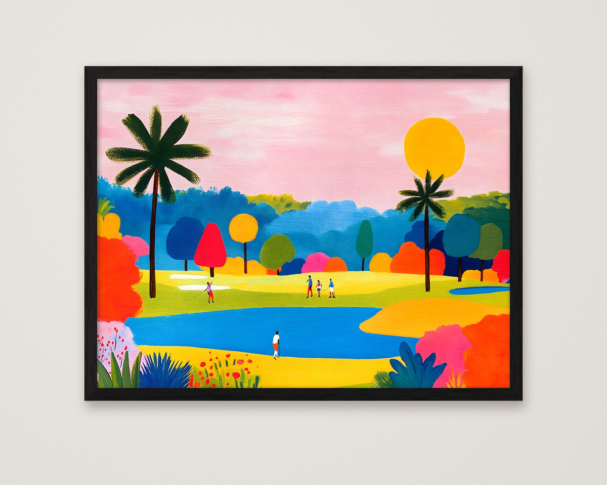 Colorful Golf Course Landscape Art in a black frame