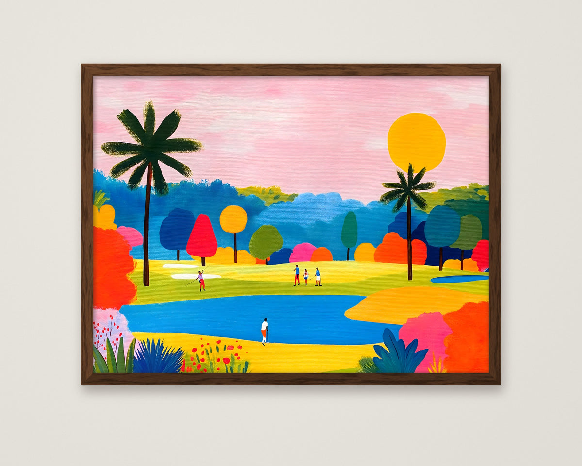 Colorful Golf Course Landscape Art in a dark wood frame