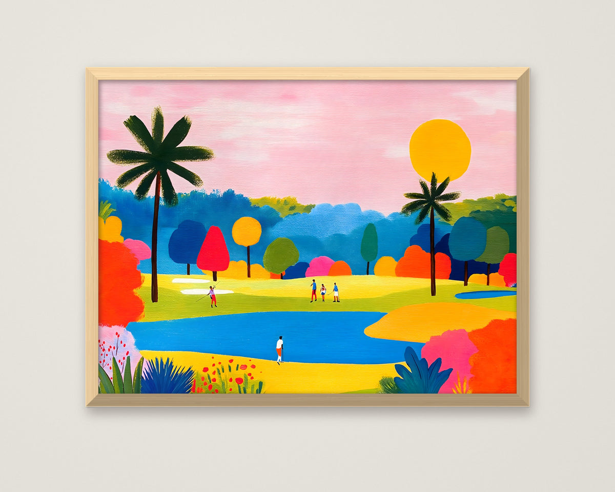 Colorful Golf Course Landscape Art in a natural wood frame