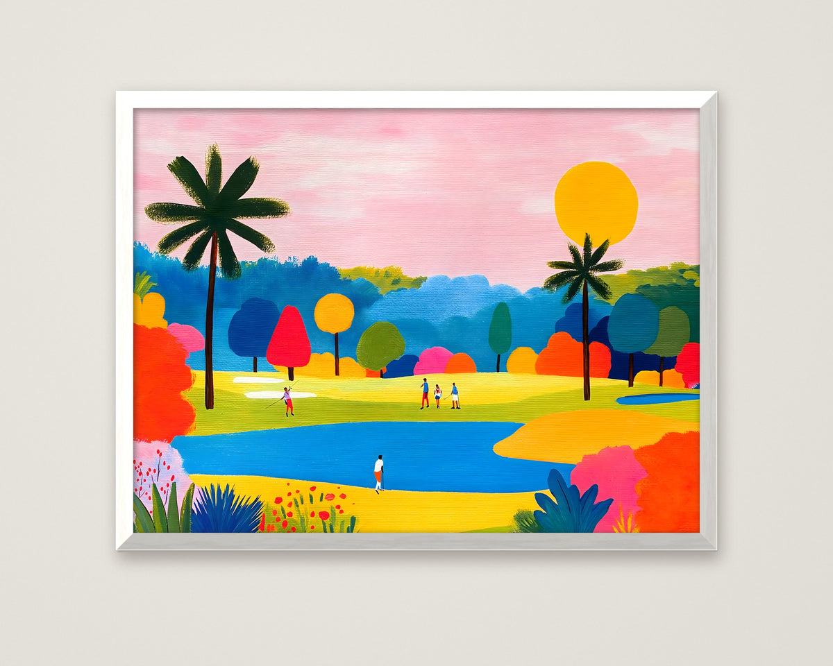 Colorful Golf Course Landscape Art in a white frame