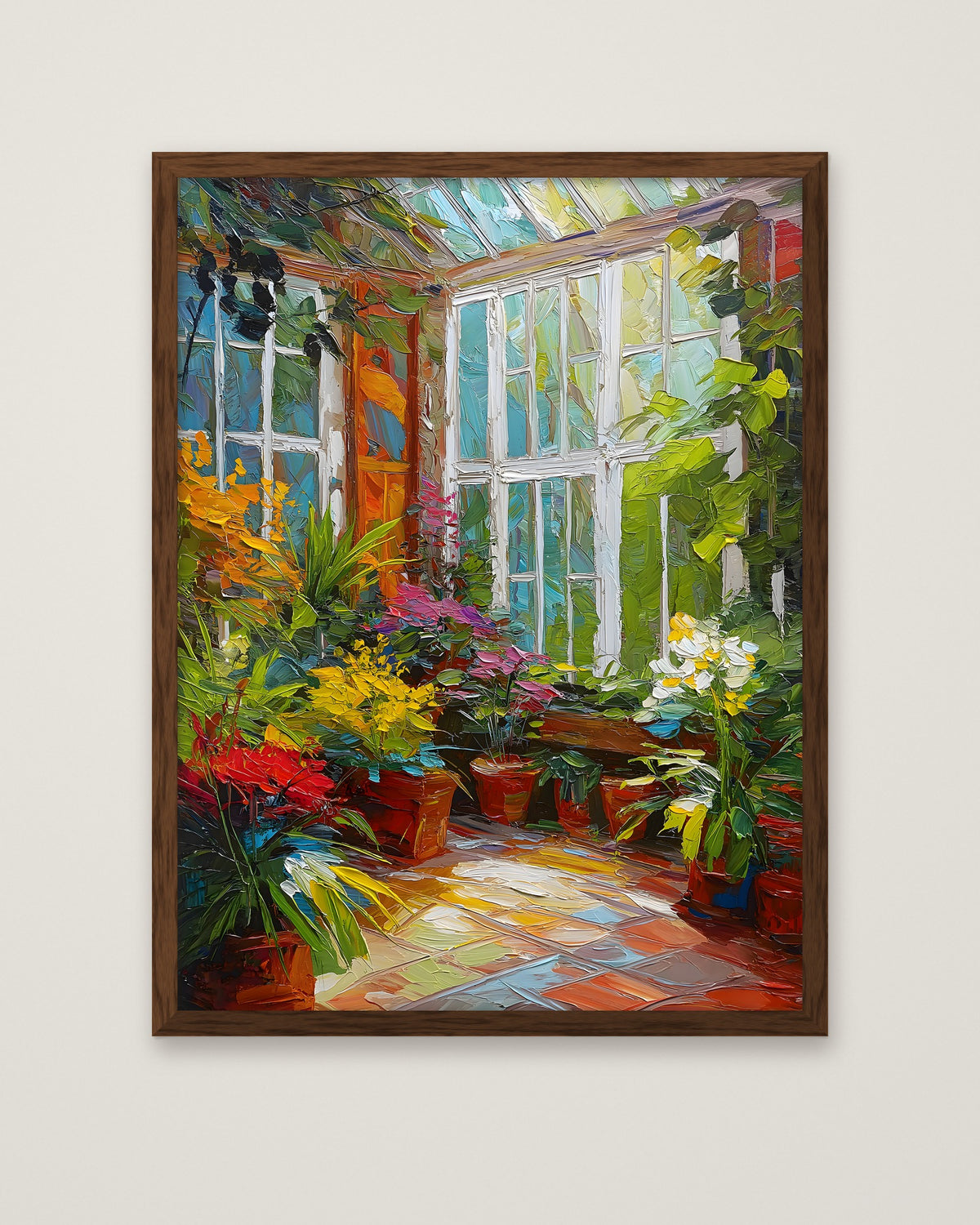 Colorful Greenhouse Conservatory Painting in a dark wood frame