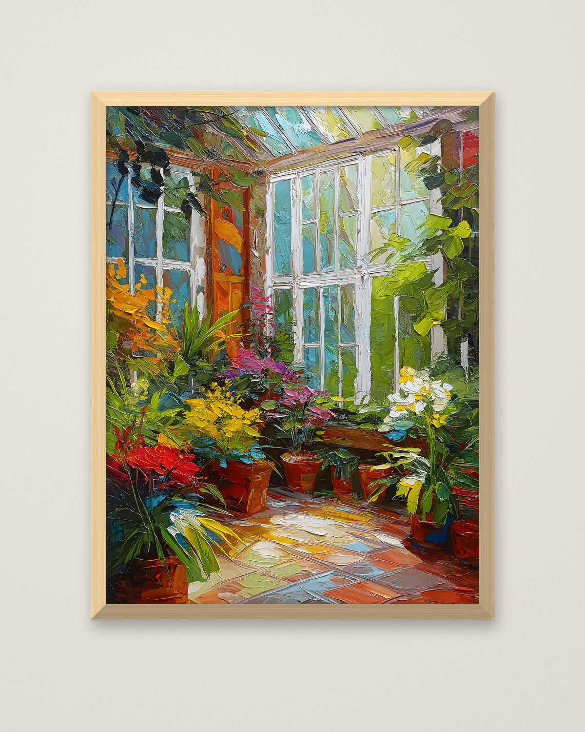 Colorful Greenhouse Conservatory Painting in a natural wood frame