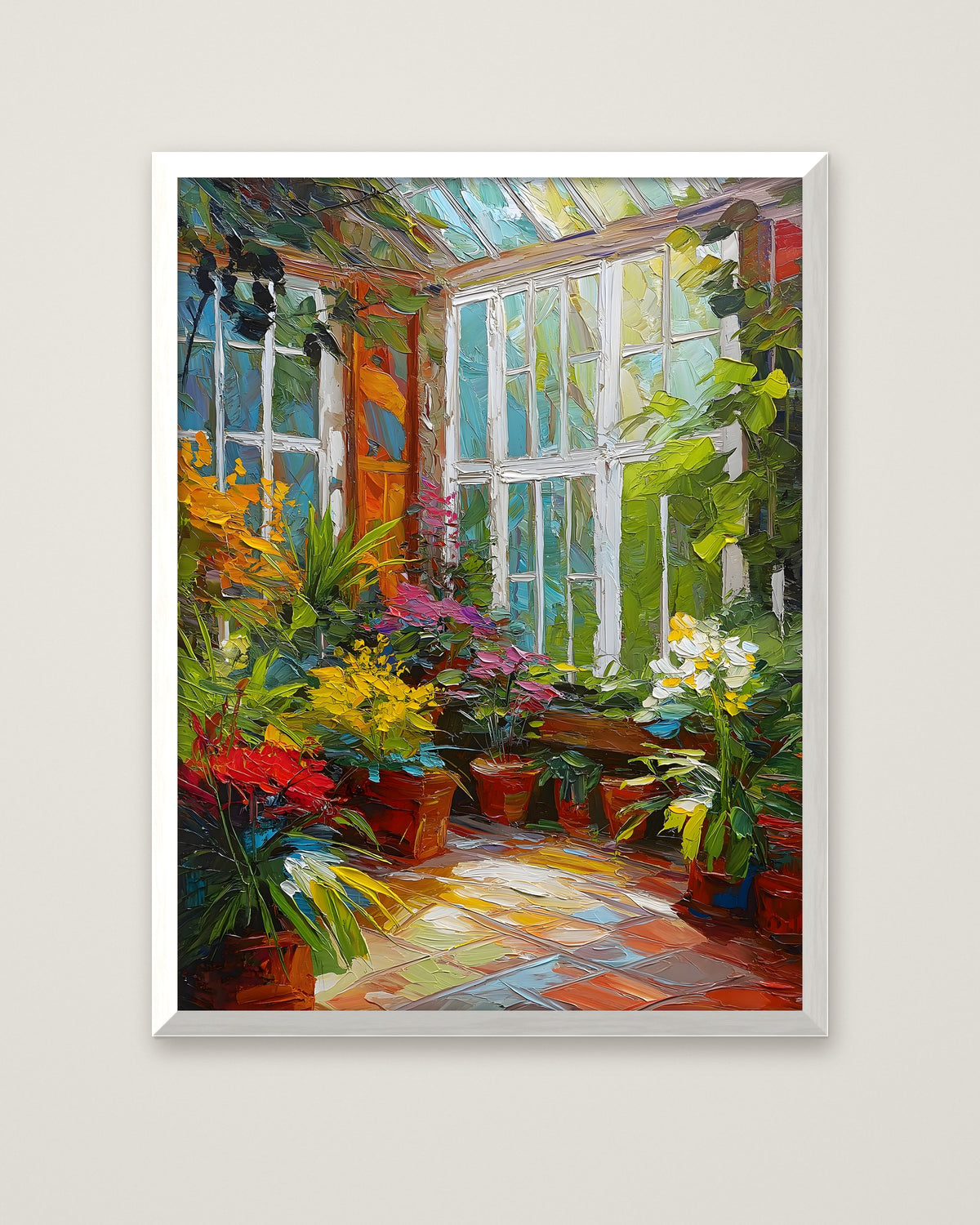Colorful Greenhouse Conservatory Painting in a white frame