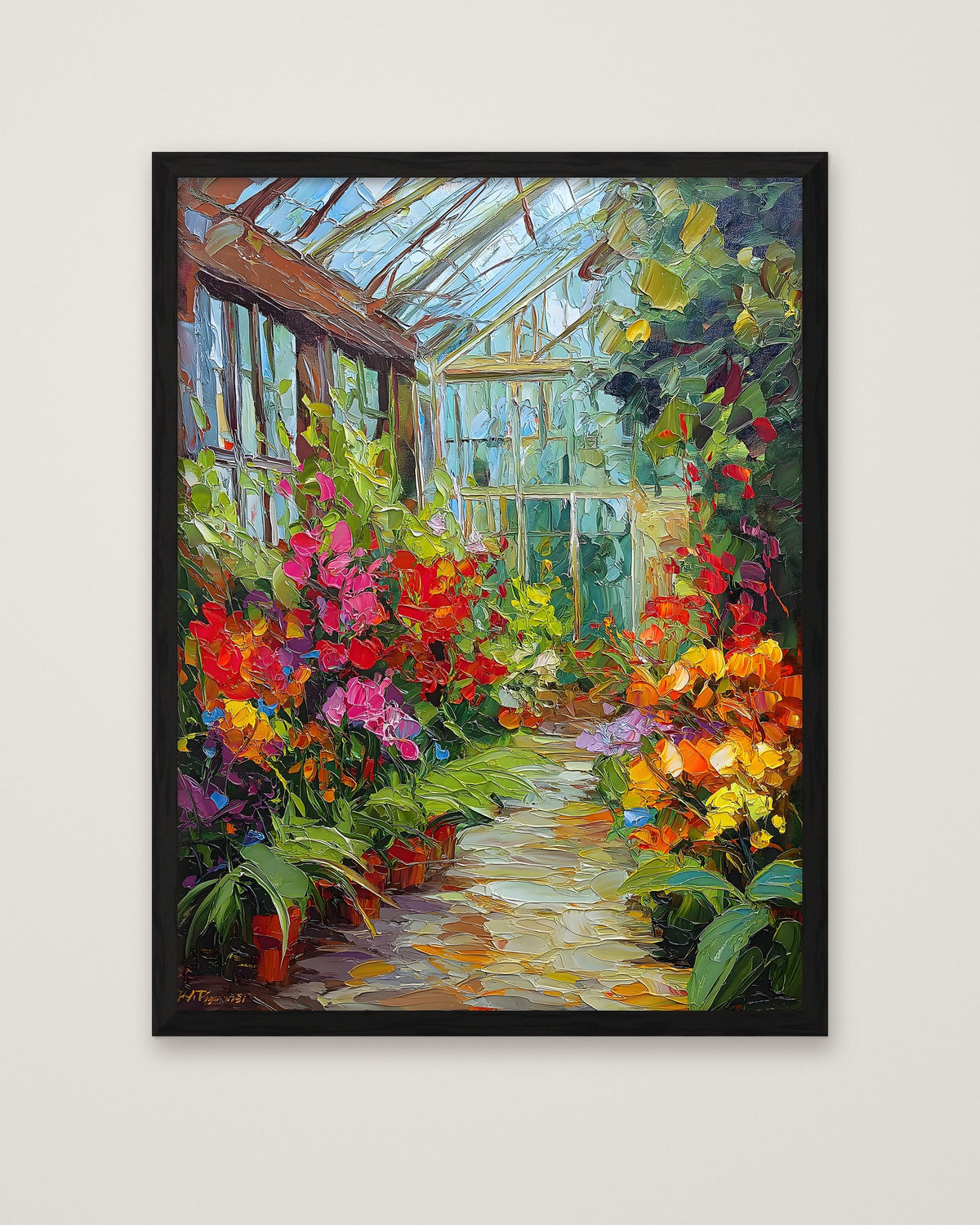 Colorful Greenhouse Floral Painting in a black frame