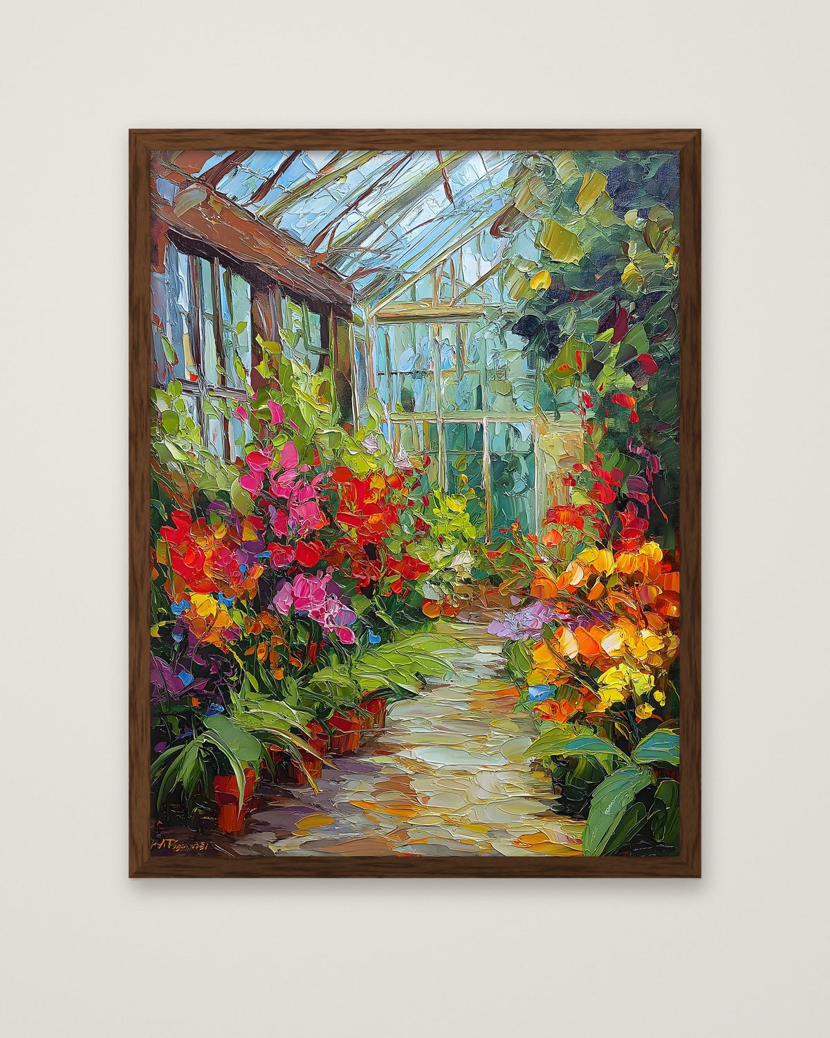 Colorful Greenhouse Floral Painting in a dark wood frame
