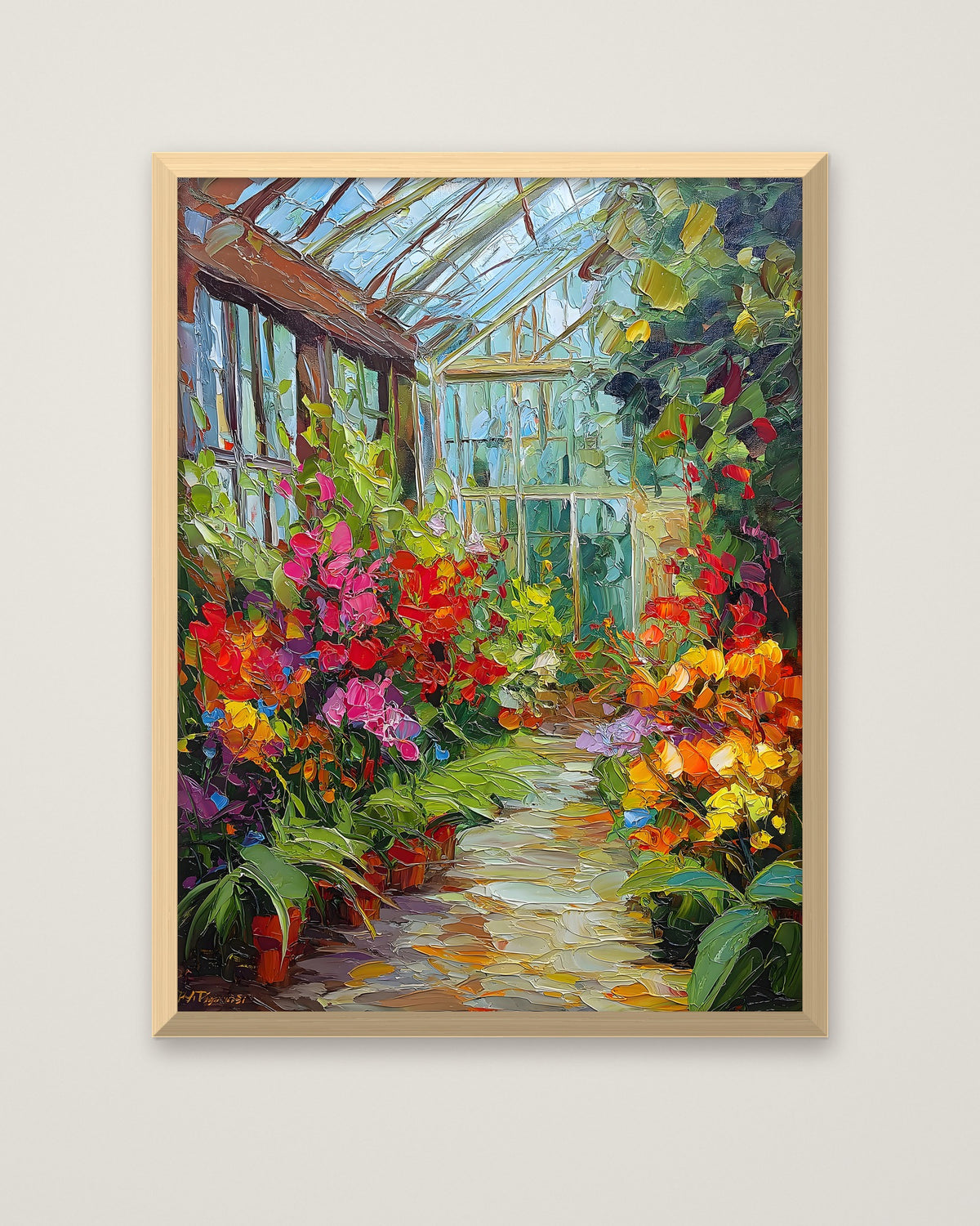 Colorful Greenhouse Floral Painting in a natural wood frame