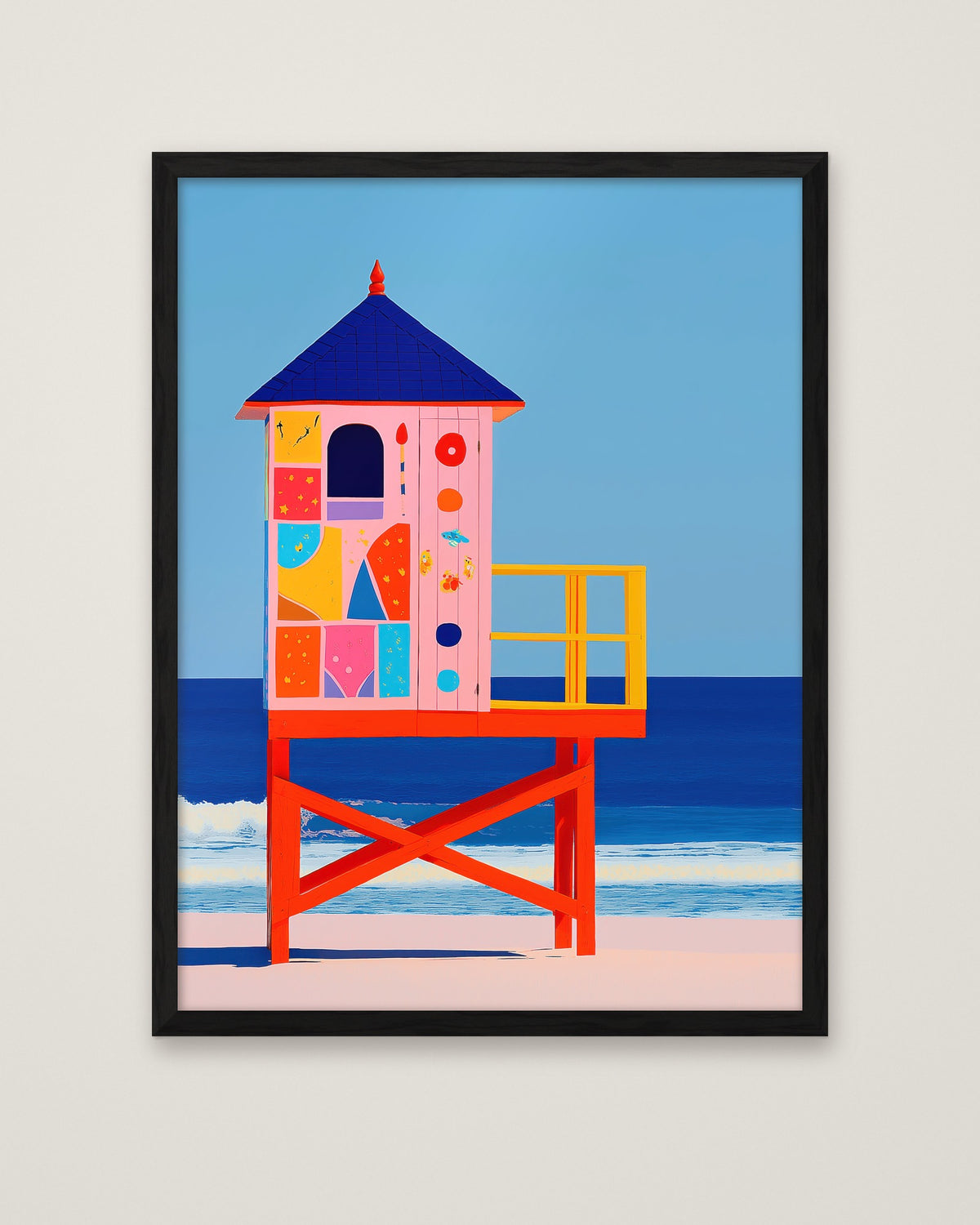 Colorful Lifeguard Tower Beach Art in a black frame