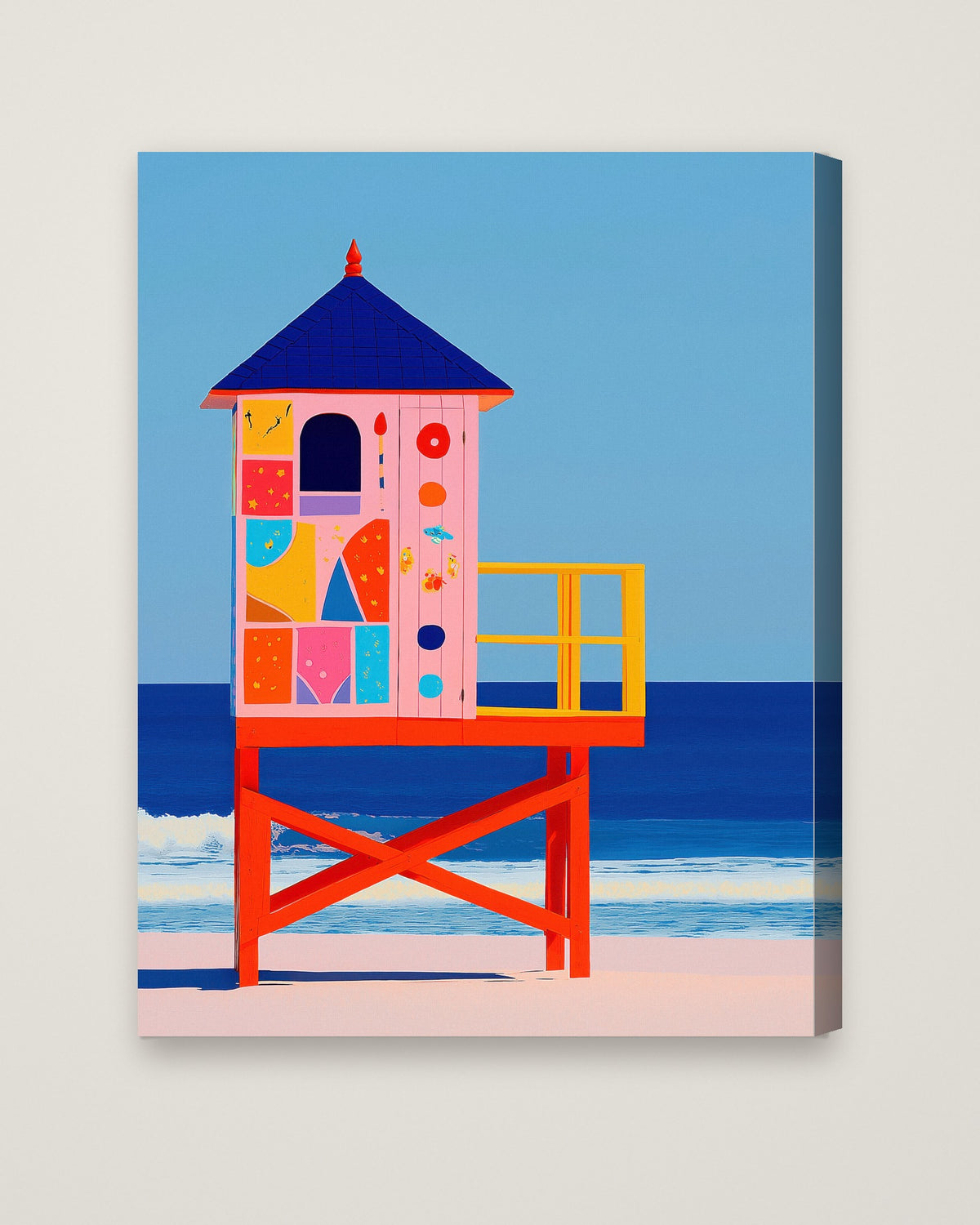 Colorful Lifeguard Tower Beach Art as a stretched canvas