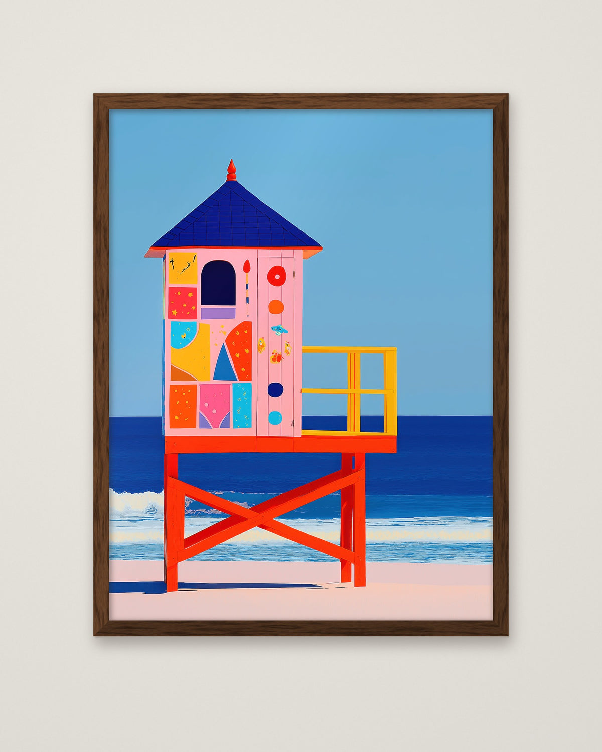 Colorful Lifeguard Tower Beach Art in a dark wood frame