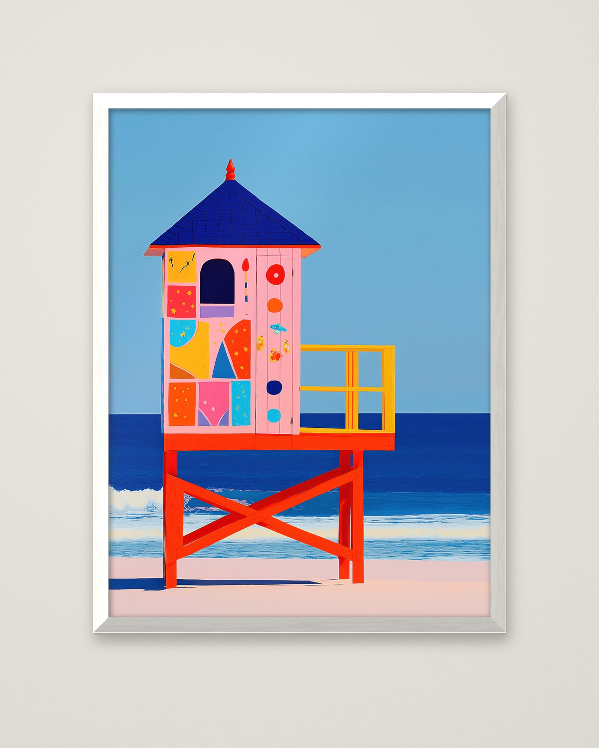 Colorful Lifeguard Tower Beach Art in a white frame