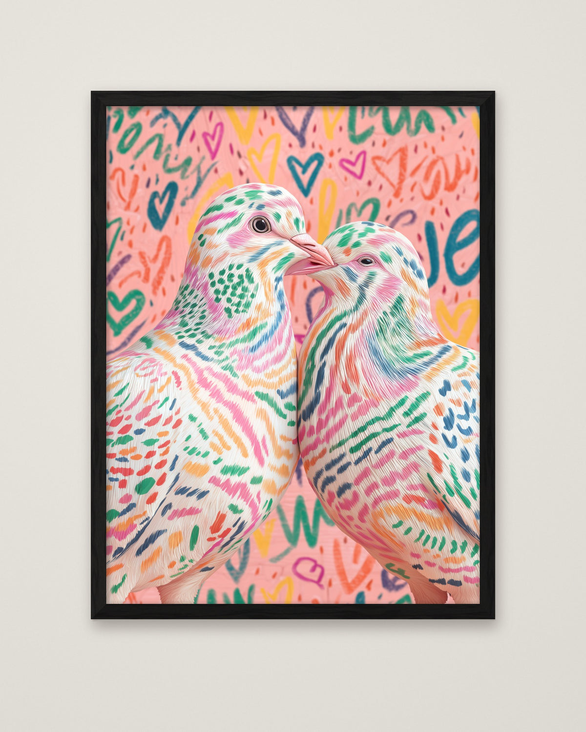 Colorful Lovebird Dove Couple Art in a black frame