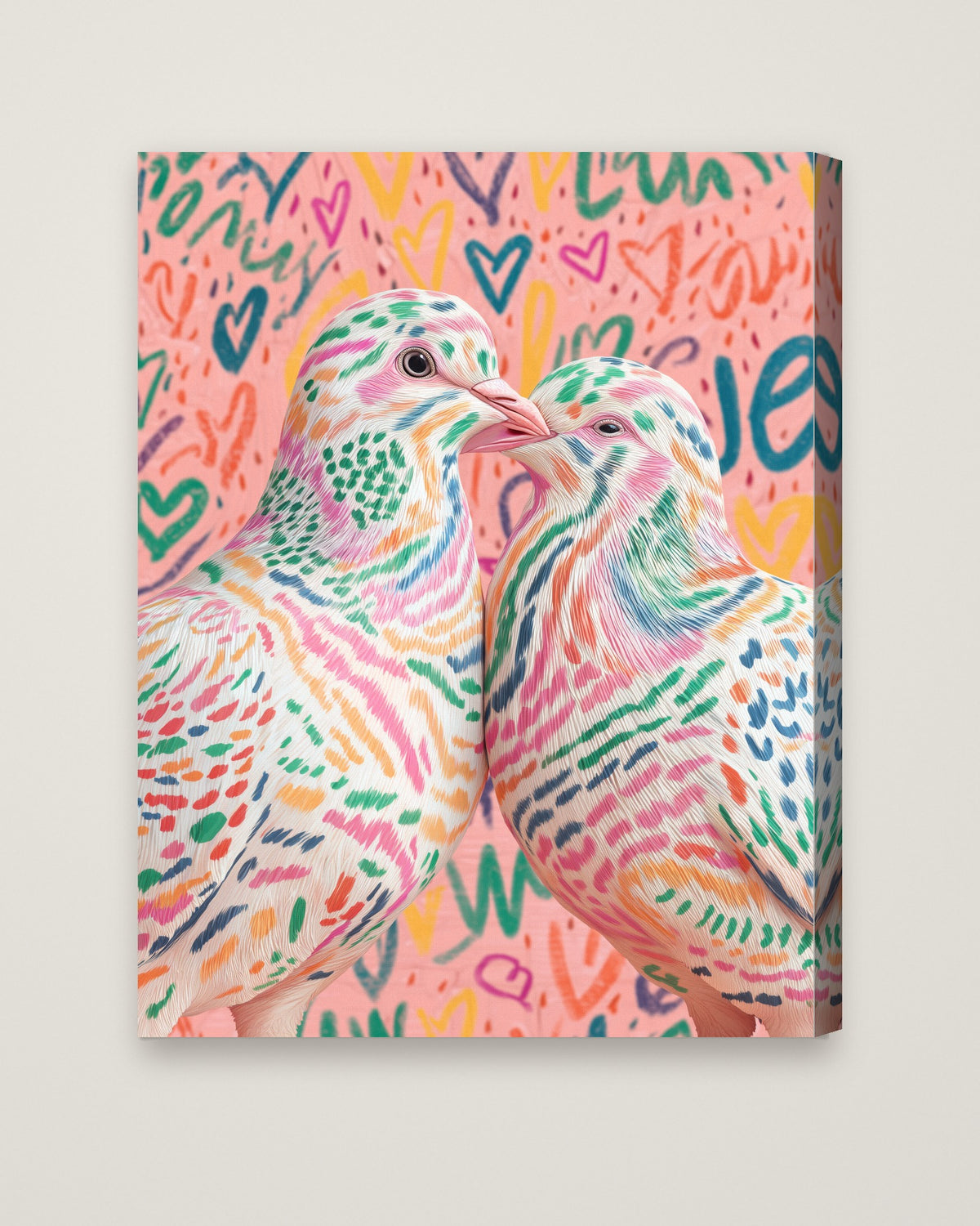 Colorful Lovebird Dove Couple Art as a stretched canvas