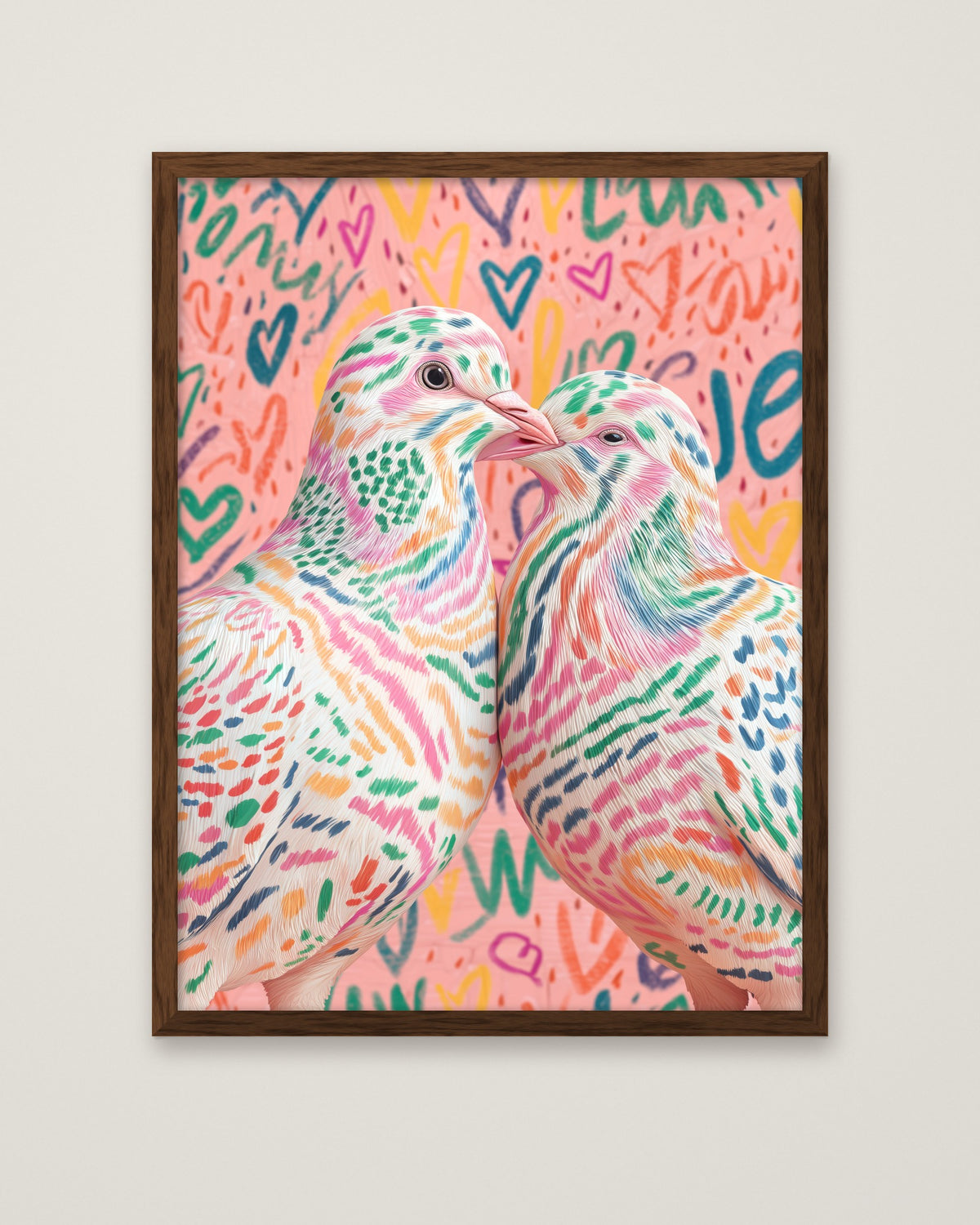 Colorful Lovebird Dove Couple Art in a dark wood frame