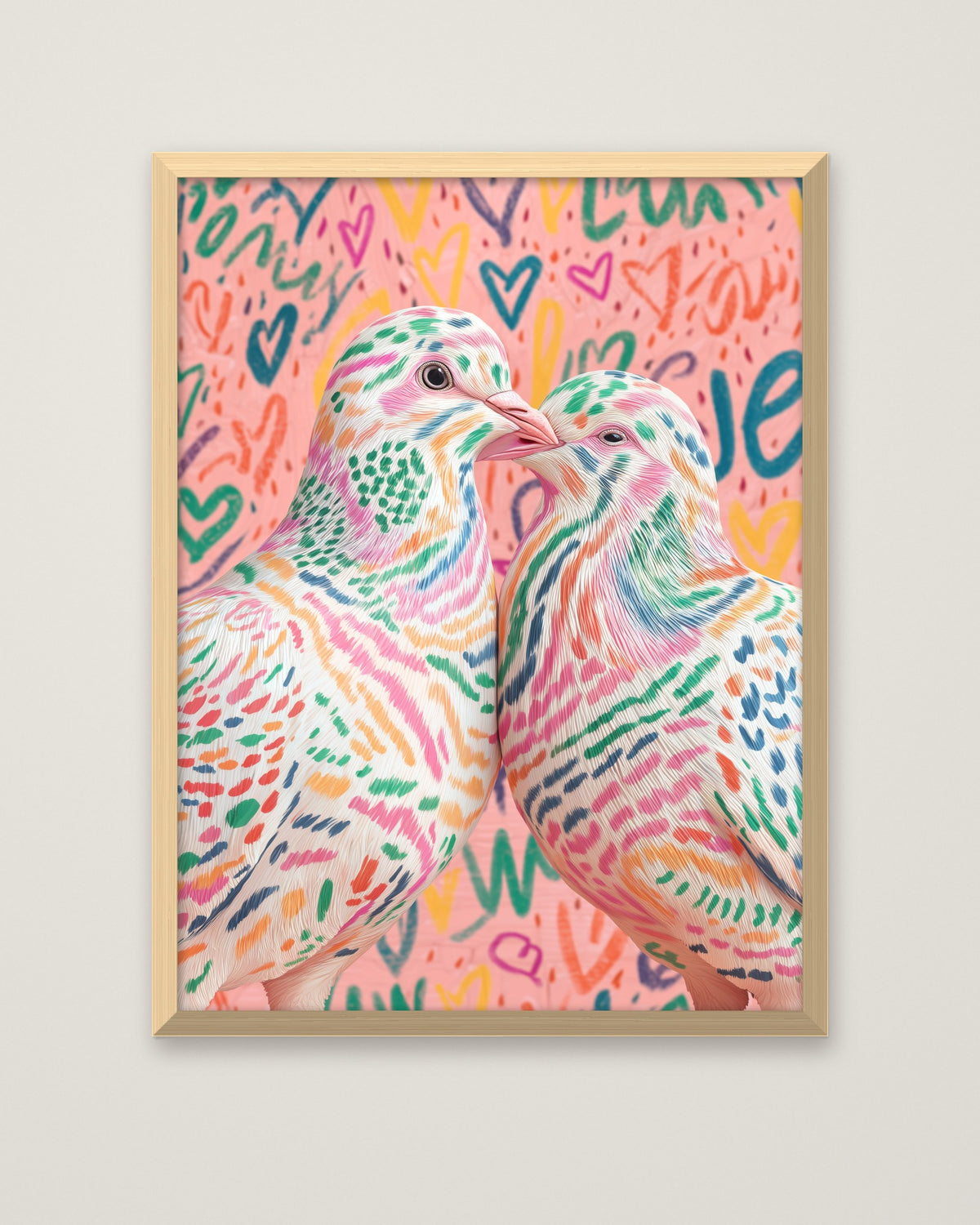 Colorful Lovebird Dove Couple Art in a natural wood frame