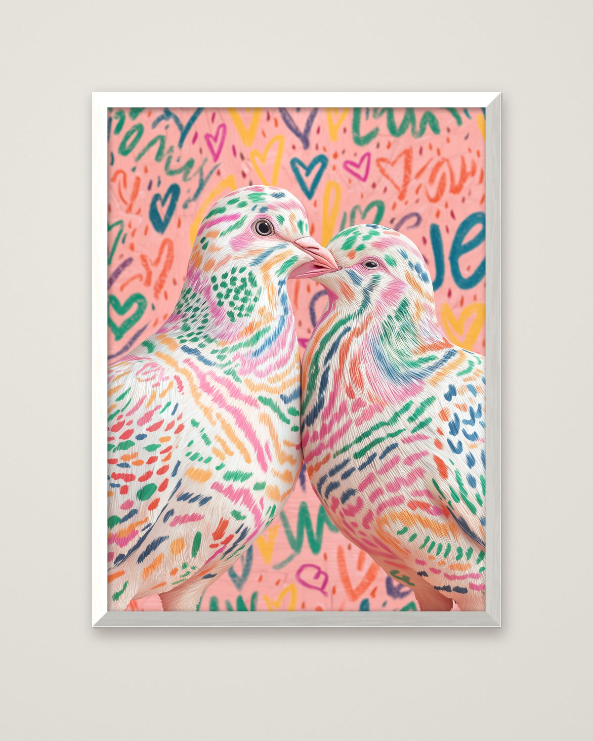 Colorful Lovebird Dove Couple Art in a white frame