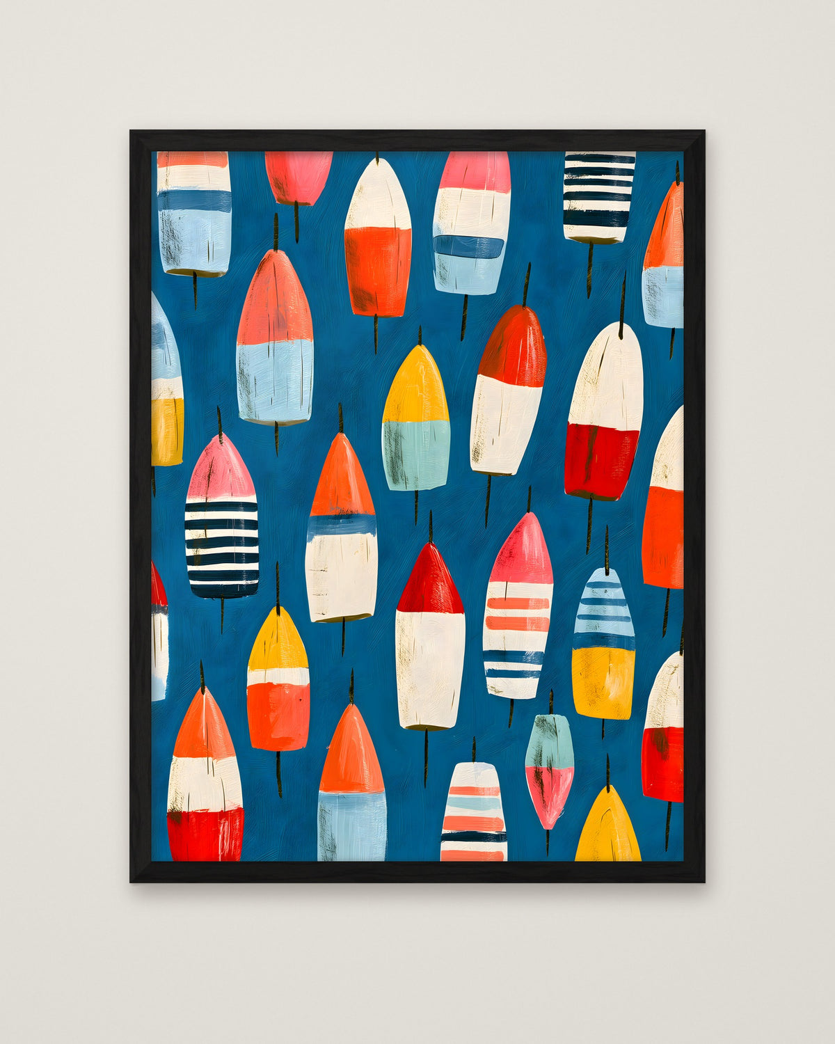 Colorful Nautical Buoy Art in a black frame