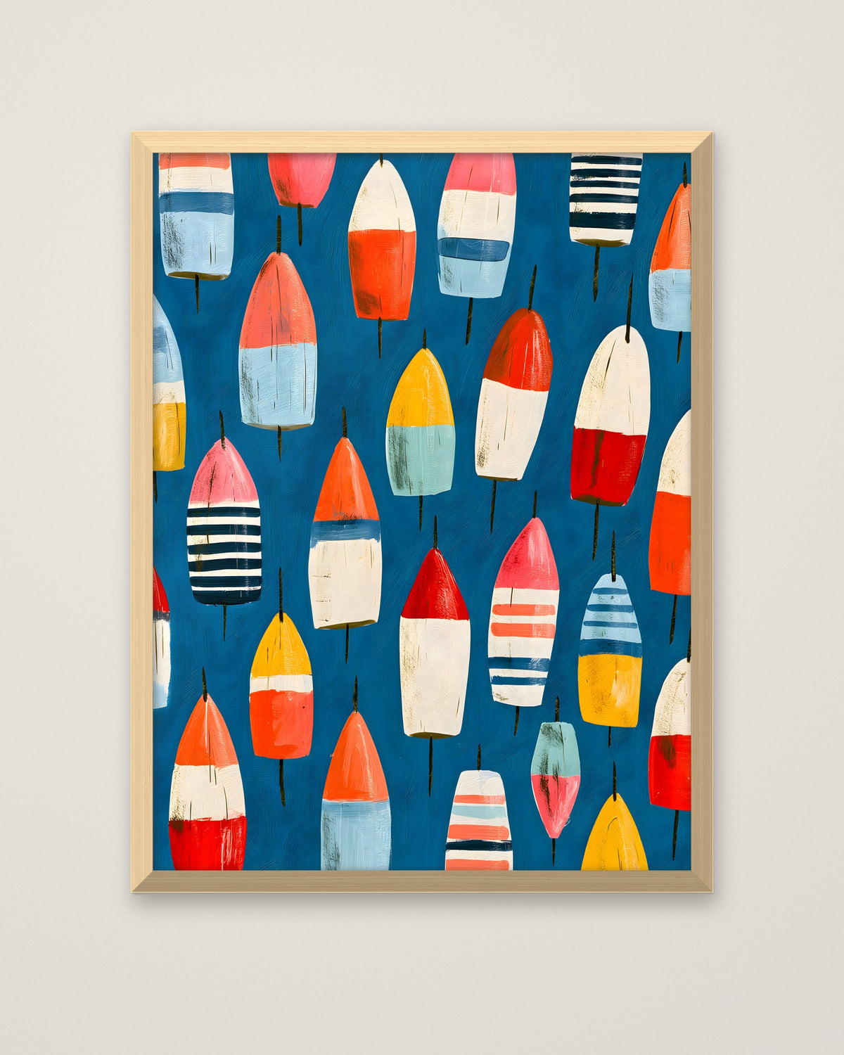 Colorful Nautical Buoy Art in a natural wood frame